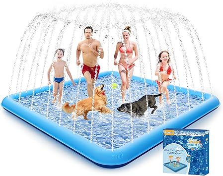 Raxurt Splash Pad, 130"- 98" Non-Slip Splash Pad for Kids and Dogs, Thickened Durable Square Dog Pool with Sprinkler Summer Outdoor Water Toys for Toddler Girls Boys Children Pet Blue