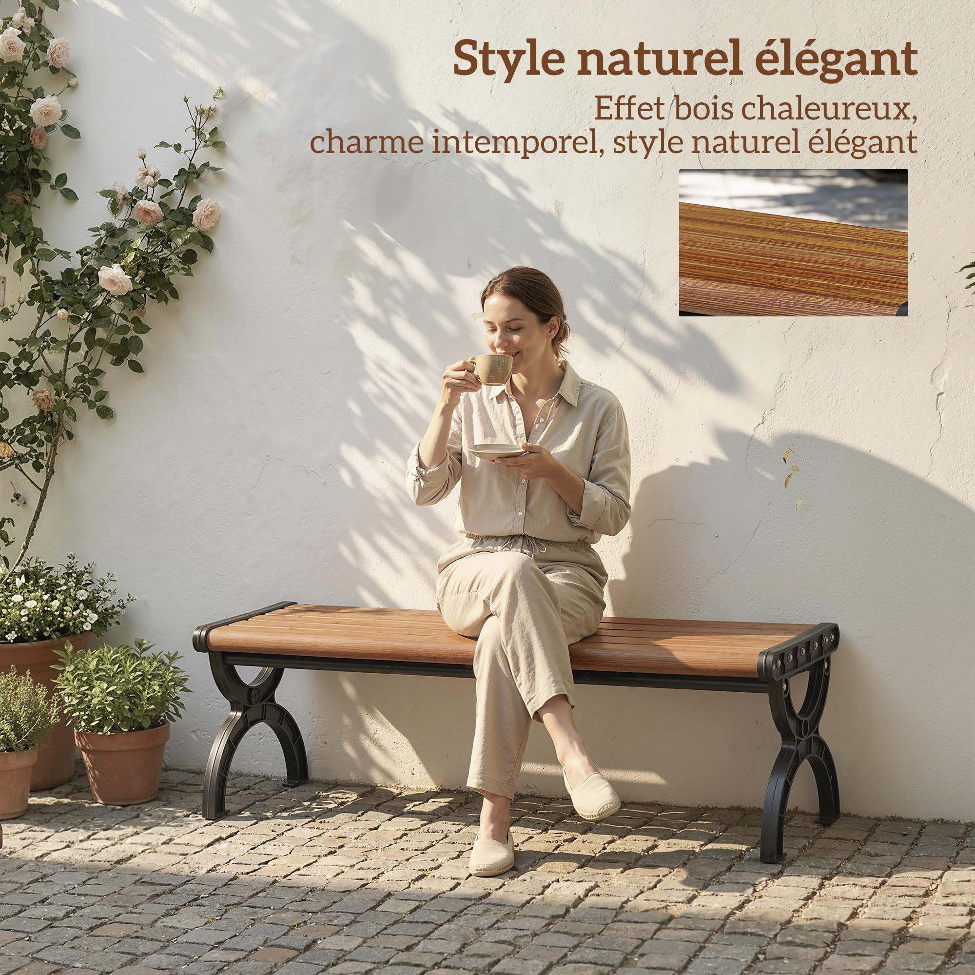Outsunny Banc de Jardin Banc extérieur 2 Places avec Cadre en Métal et Assise à Lattes, antirouille, pour terrasse, Patio, pelouse, 124 x 39 x 39 cm, Effet Bois