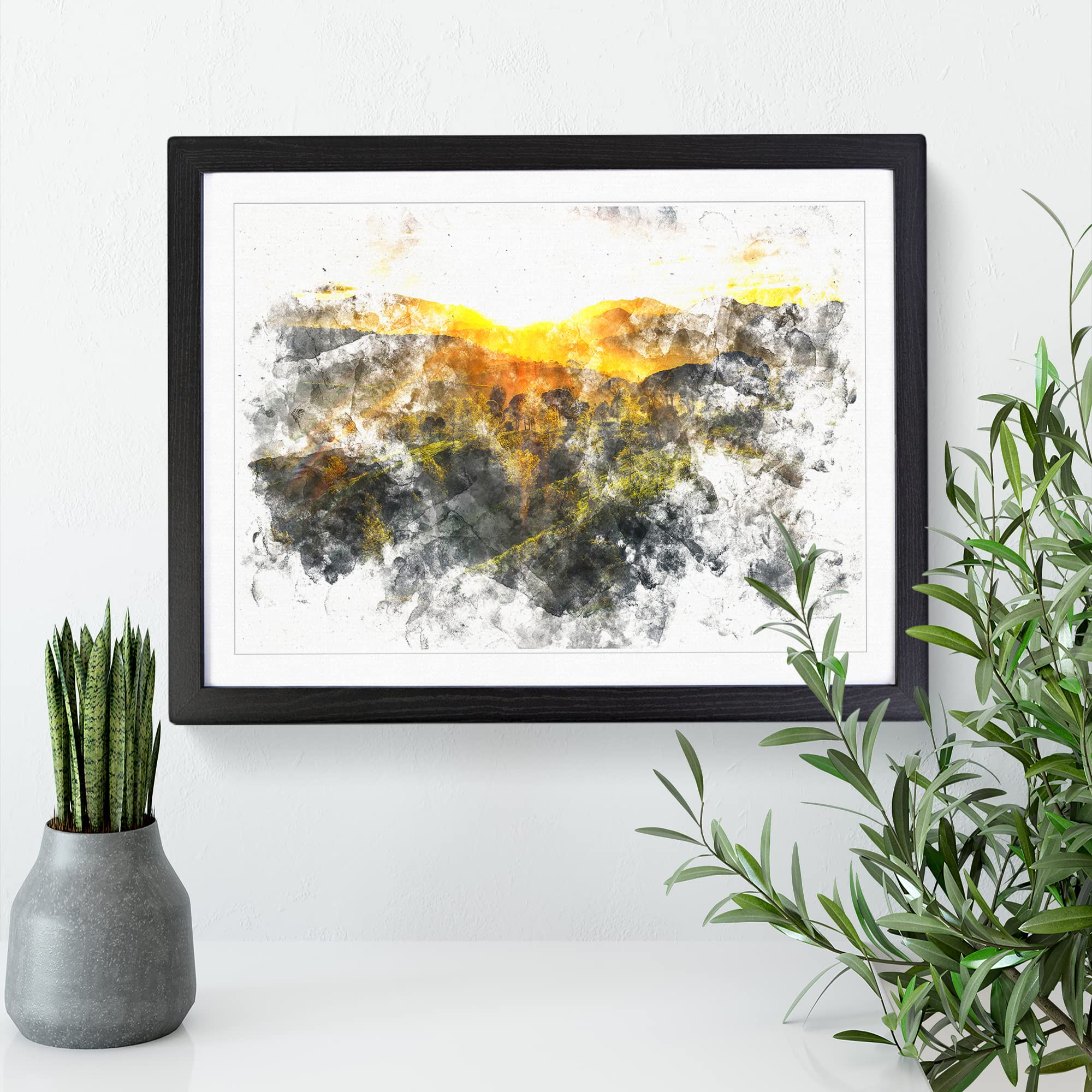 Sunlight Over The Countryside Watercolour Modern Framed Print, Black, A3 (46 x 34 cm) - Image 3