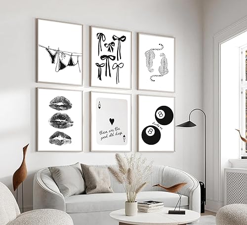 Miniatura 2 de 6 piezas de póquer en blanco y negro de moda, labios de beso, guepardo, bikini, lazo, arte de pared Funky Preppy Lucky 8 Ball Painting Picture Wall