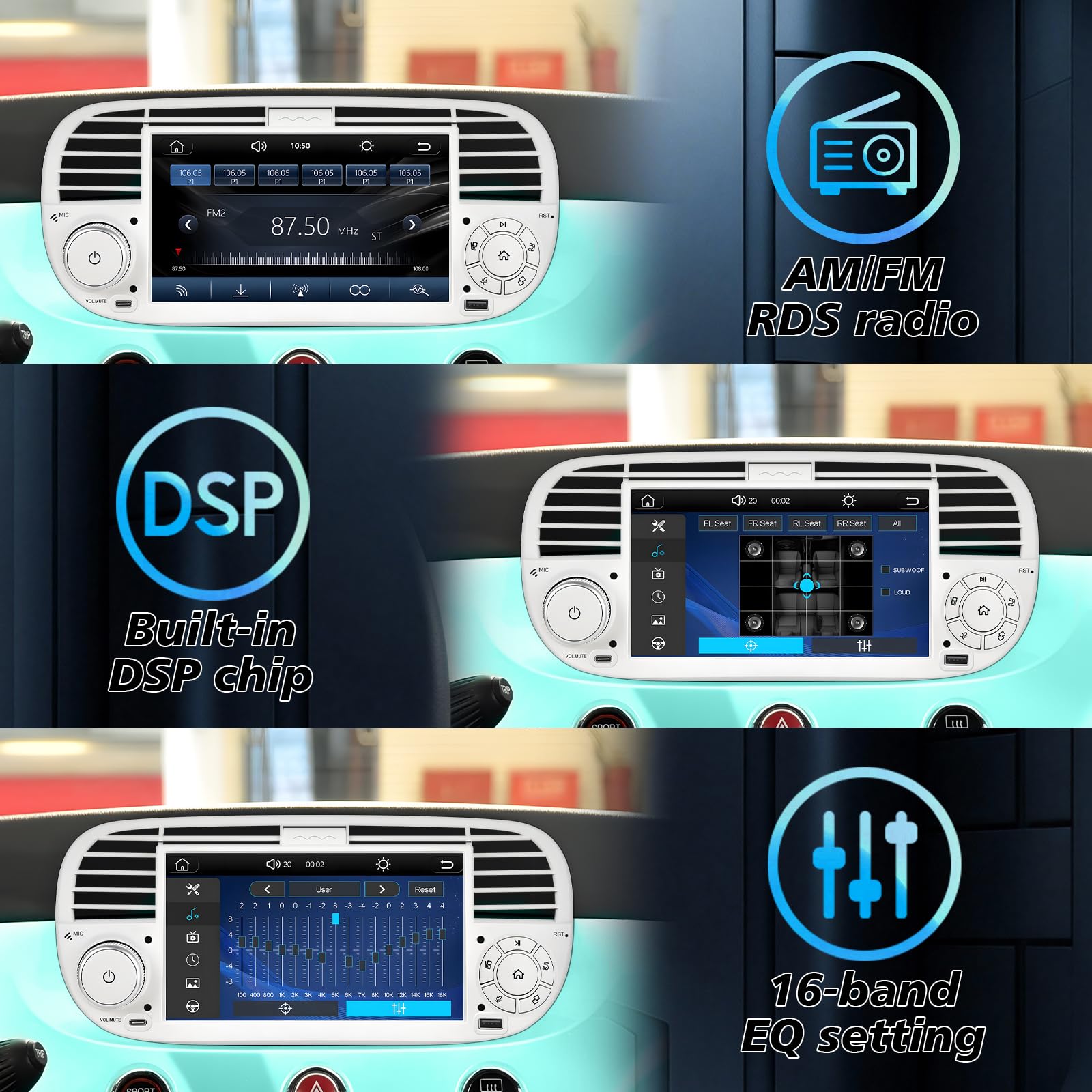 Autoradio con Sistema Linux e schermo IPS da 7 pollici, compatibile con Fiat 500 (2007-2015)| CarPlay & Android Auto wireless integrati | Supporta AM/FM/RDS | con DSP/USB/Bluetooth/Microfono Bianco