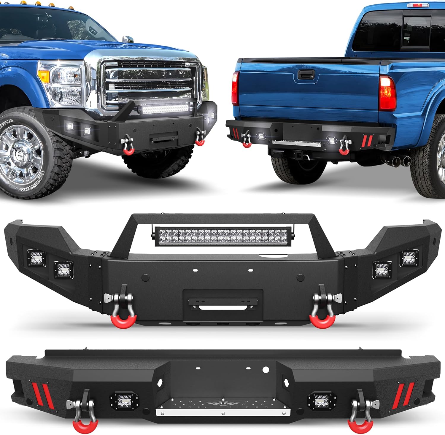 Front Bumper + Rear Bumper Combo w/Winch Plate and LED Lights, Compatible with 2011-2016 Ford F250 F350 F450, Textured Black Stainless Steel Pickup Bumper