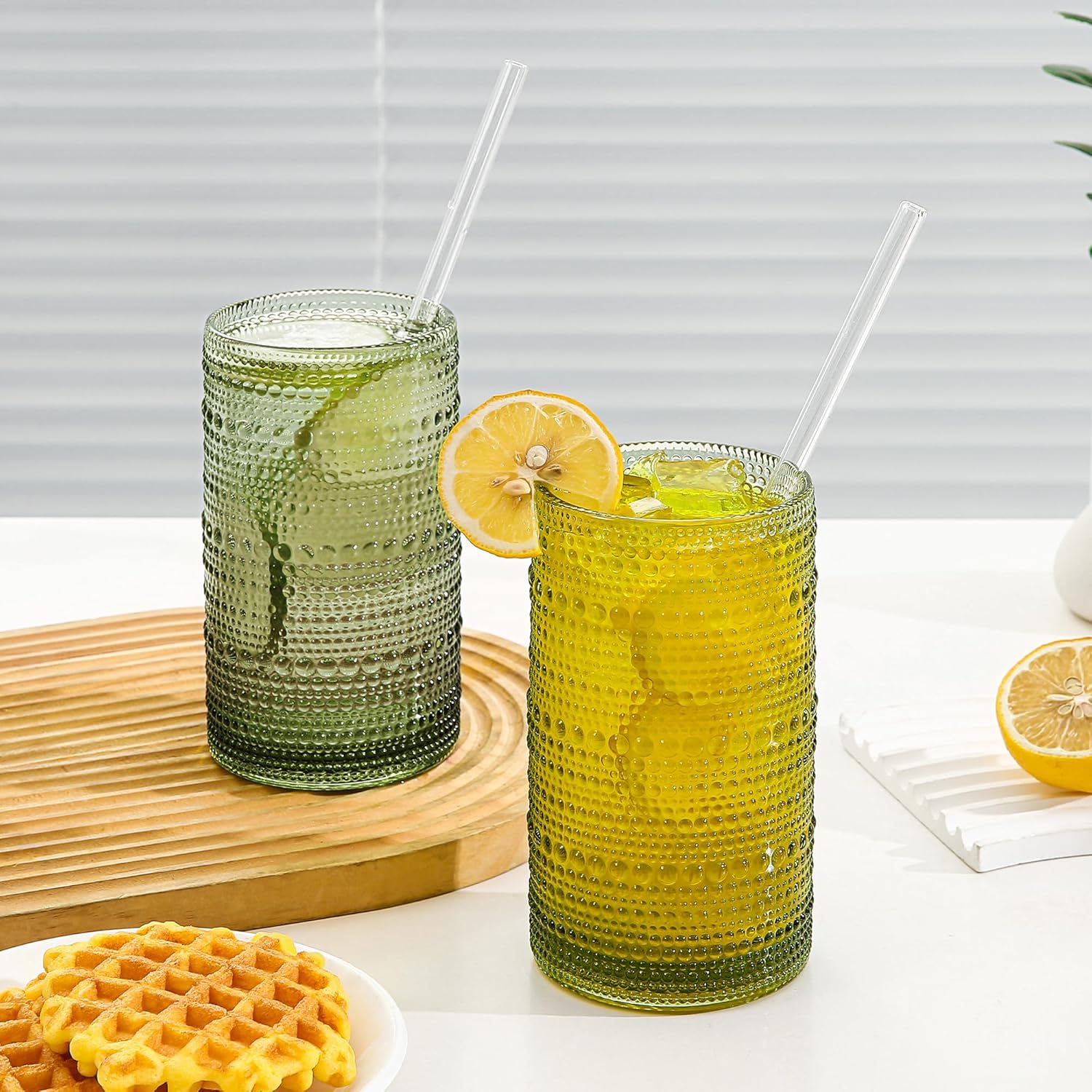 Vintage Glassware Drinking Glasses Set of 6,16oz Hobnail Glass Cups,Embossed Green Water Tumbler,for Cocktail, Juice, Whiskey, Milk and Various Mixed Drinks