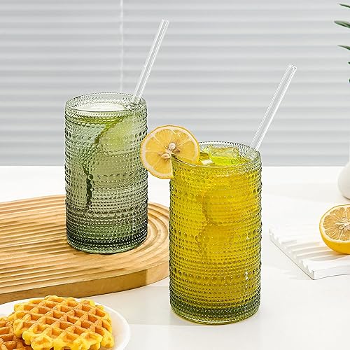 Miniatura 2 de Juego de 6 vasos de vidrio vintage para beber, 16 onzas, vaso de agua verde en relieve, para cóctel, jugo, whisky, leche y varias bebidas mezcladas