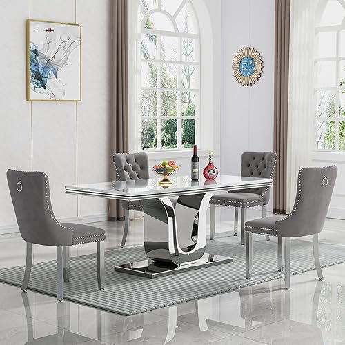 Miniatura 54 de Juego de mesa de comedor de mármol sintético, 7 piezas, juego de mesa de cocina y comedor para 6, mesa de comedor rectangular blanca de 70 pulgadas