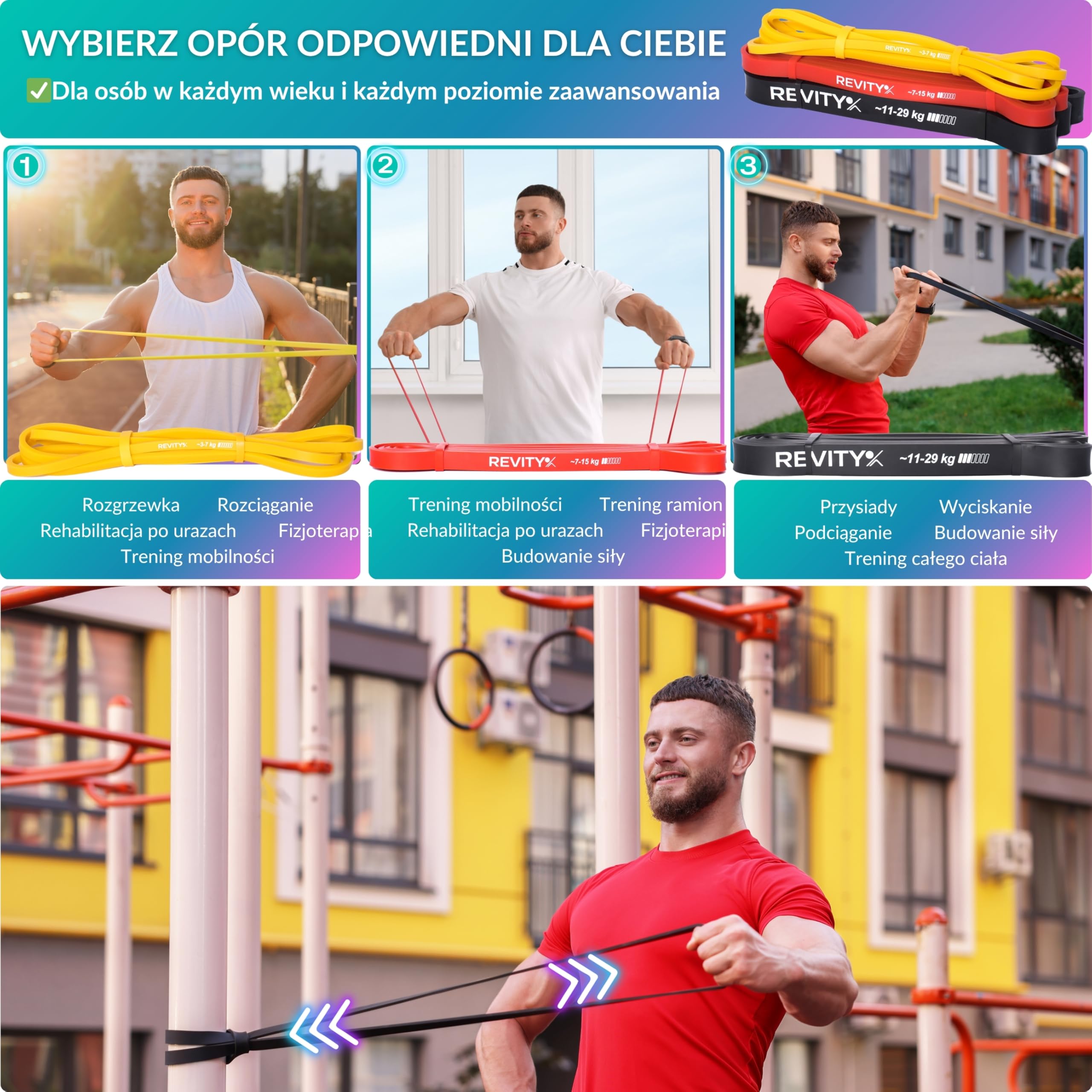 Gumy Oporowe - Zestaw 3 Gum do Ćwiczeń, Power Bands 3-29 kg | z Naturalnego Lateksu Wyjątkowo Trwałe, z Planem Treningowym PDF na 30 Dni, Instrukcją Ćwiczeń i Woreczkiem do Przechowywania