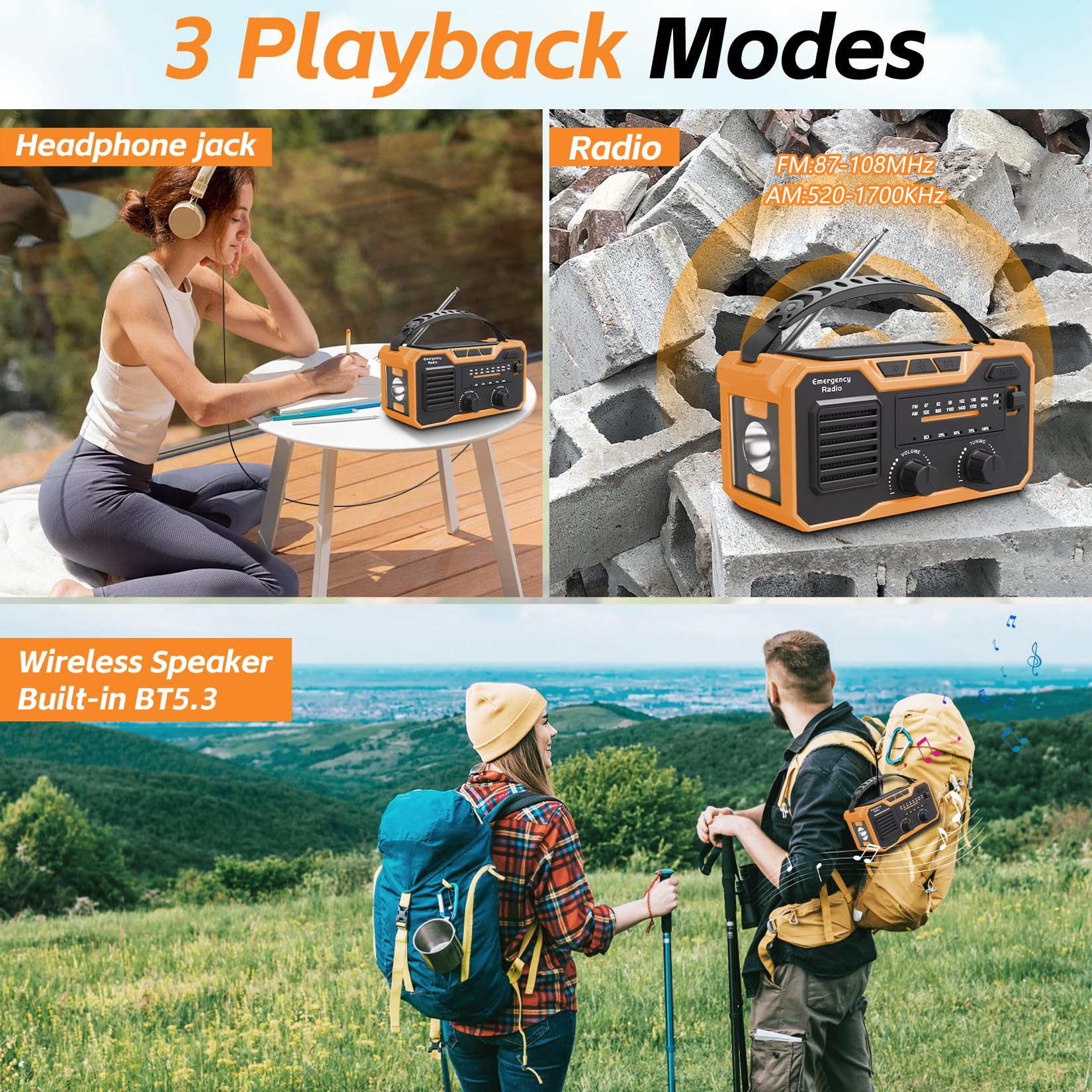 27000mAh Radio Emergencia, FM/Am Radios Solar y Recargable con Bluetooth 5.3/Alarma SOS/Brújula/Linterna, Radio De Dinamo para La Preparación Al Aire Libre para Desastres Naturales (Naranja)