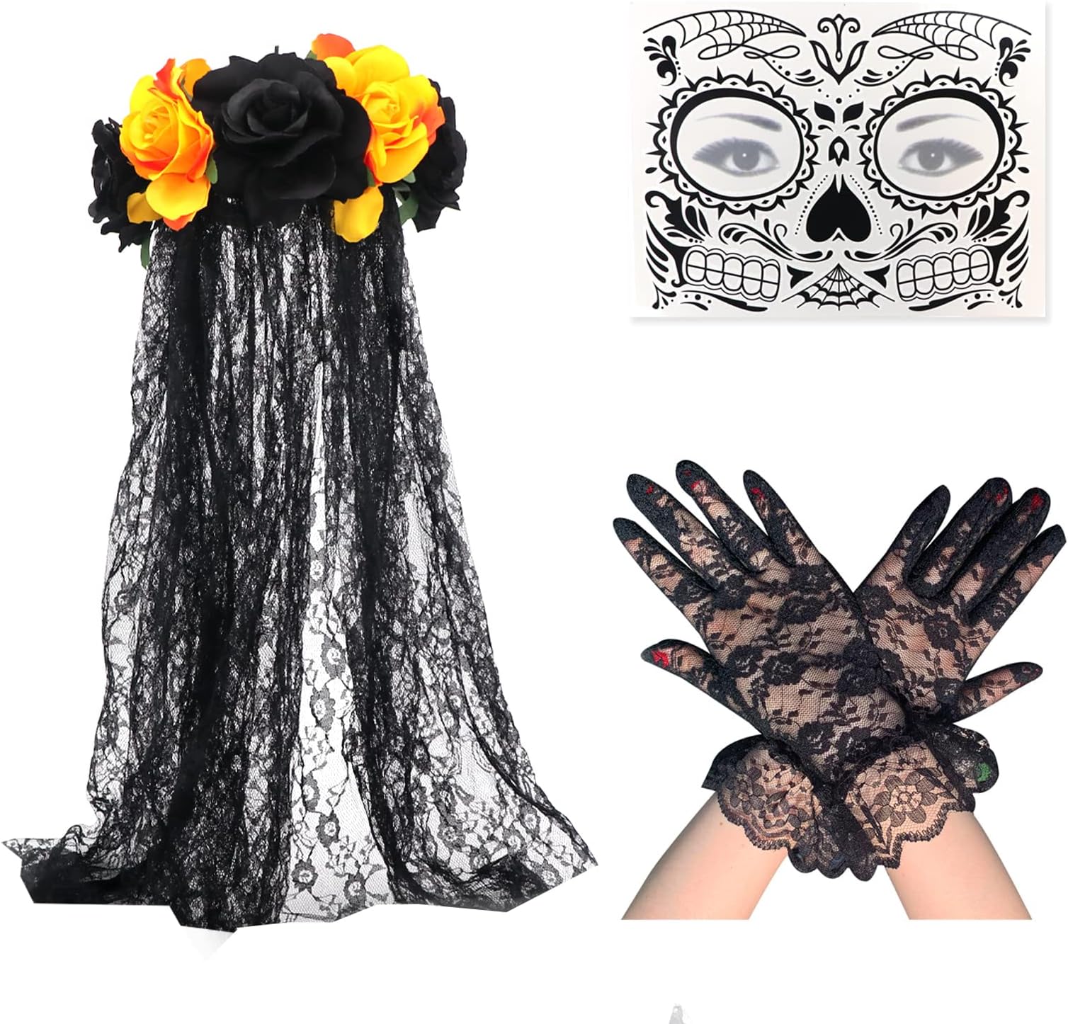 MAINOSHYDay of The Dead Headband, Rose Flower Crown Veil Halloween Costume Mexican Headband with Veil, Halloween Temporary Face Tattoos Sticker, Halloween Lace Gloves for Woman