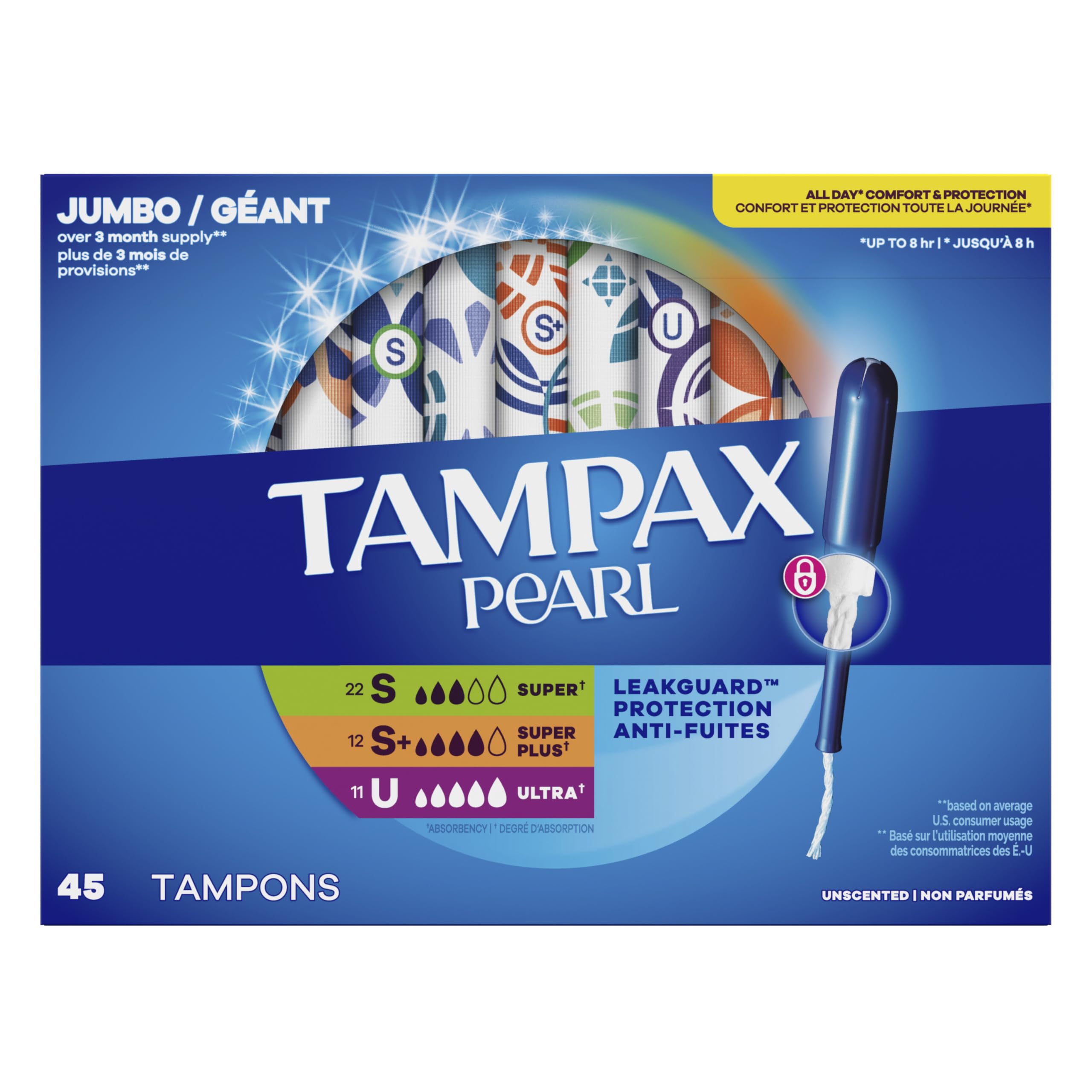 Tampax Pearl Tampons Multipack, with LeakGuard Braid, Super/Super Plus/Ultra Absorbency, Up to 100% Leak and Odor Free Protection, Unscented, 45 Count