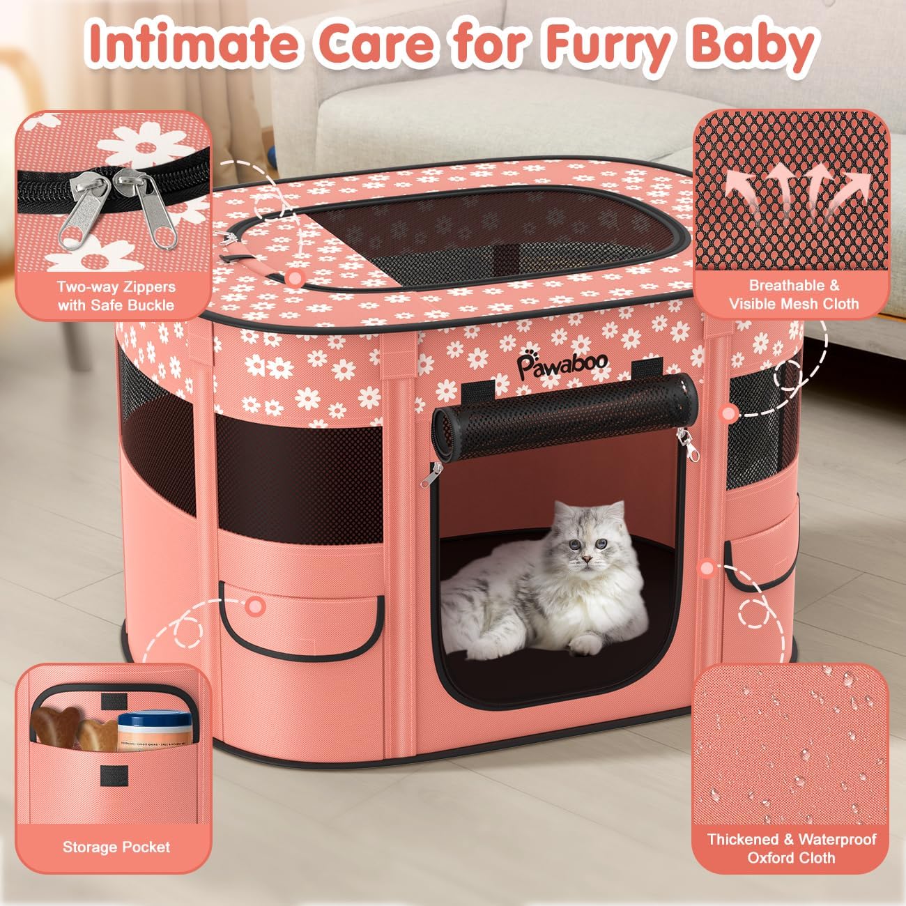 Dog Playpen, Portable Pet Cat PlayPen, 600D Oxford Dog Kennel Tent Crate, Breathable&Waterproof, Outdoor Indoor Travel Camping for Medium/Large Breed with Carrying Case+Bowl, L, Light Pink Flowers