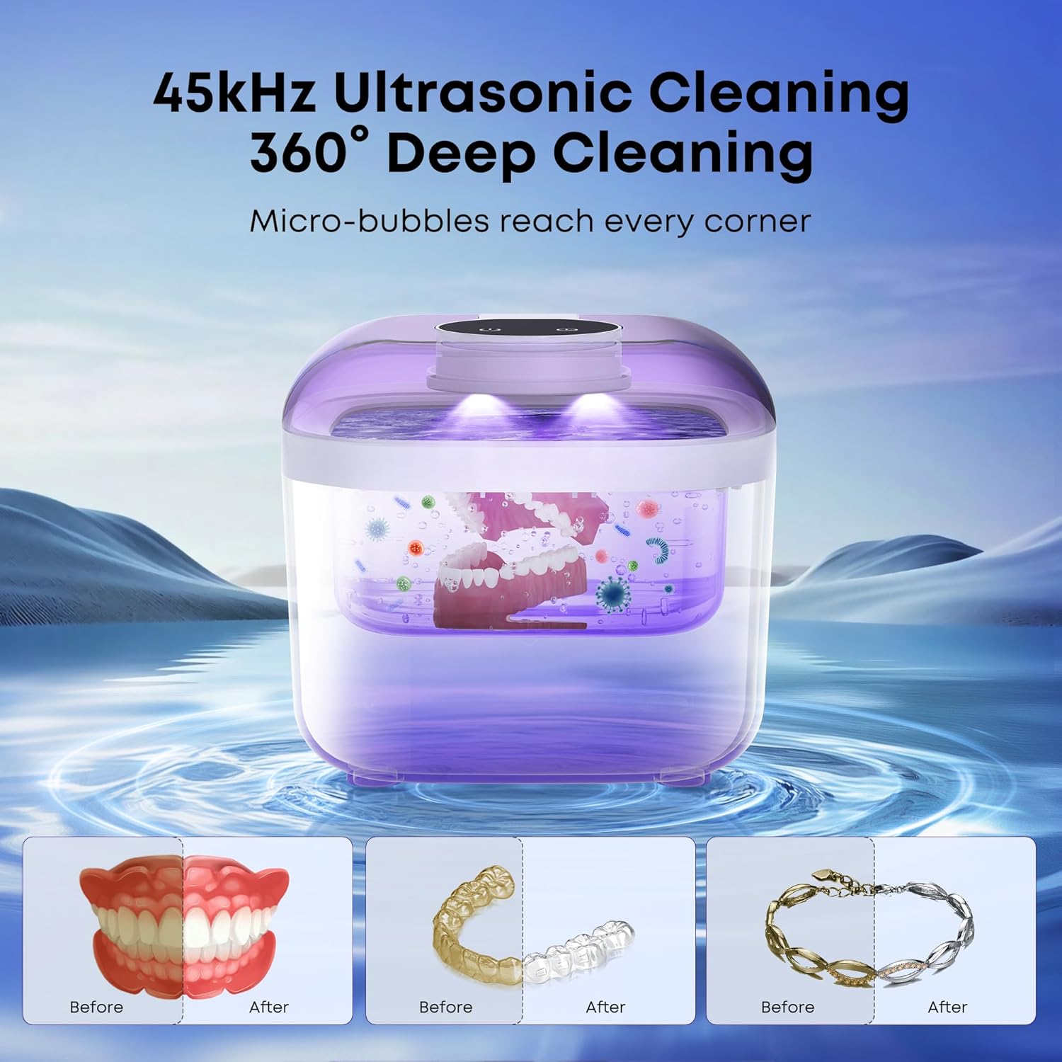 NEATEST Ultrasonic Retainer Cleaner, 45kHz Ultrasonic Cleaning Pod, 5 Modes 350ML Denture Cleaner for Night Guards, Aligners, Braces, Toothbrush Heads, Jewelry, White
