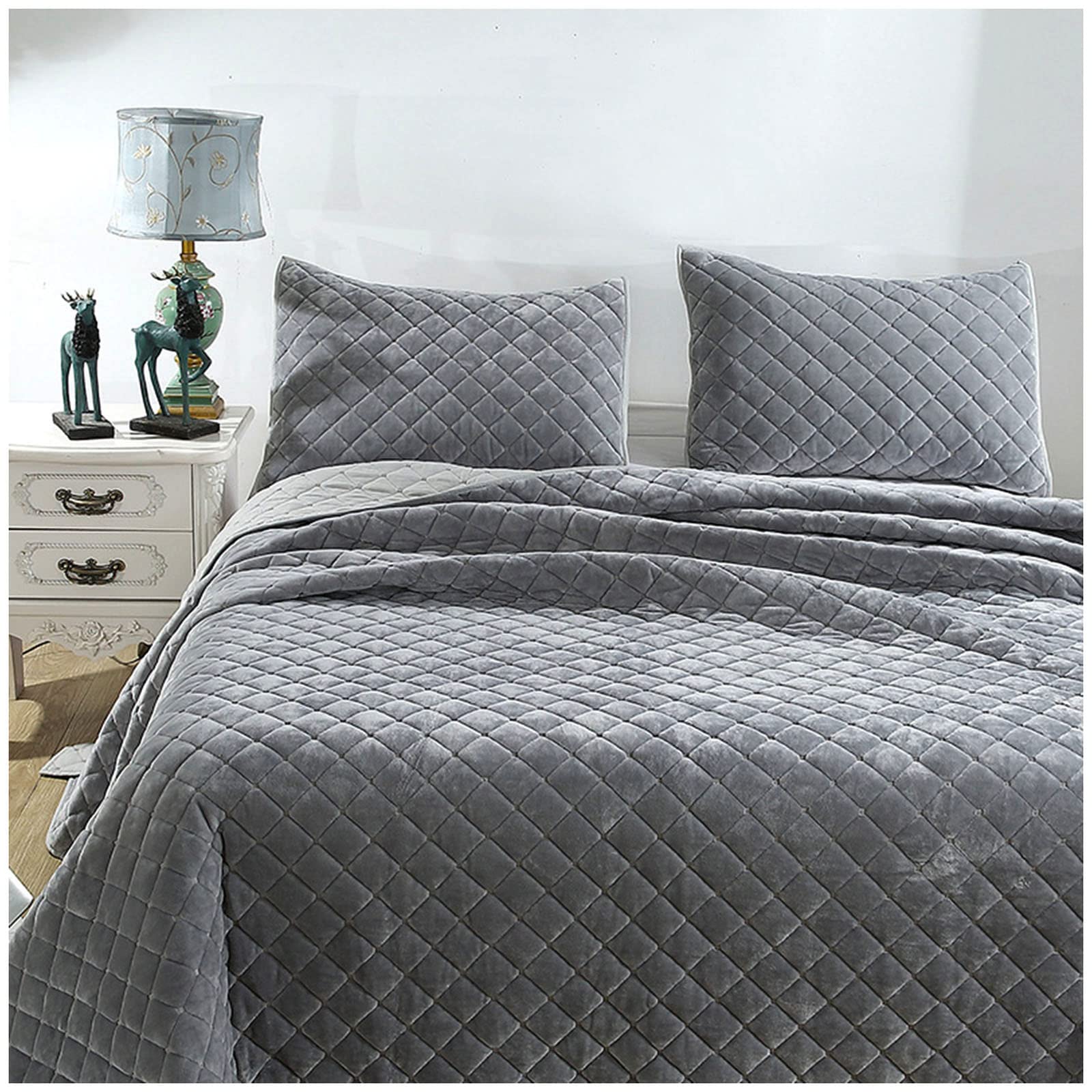 Couverture matelassée en coton et parure de lit double grise