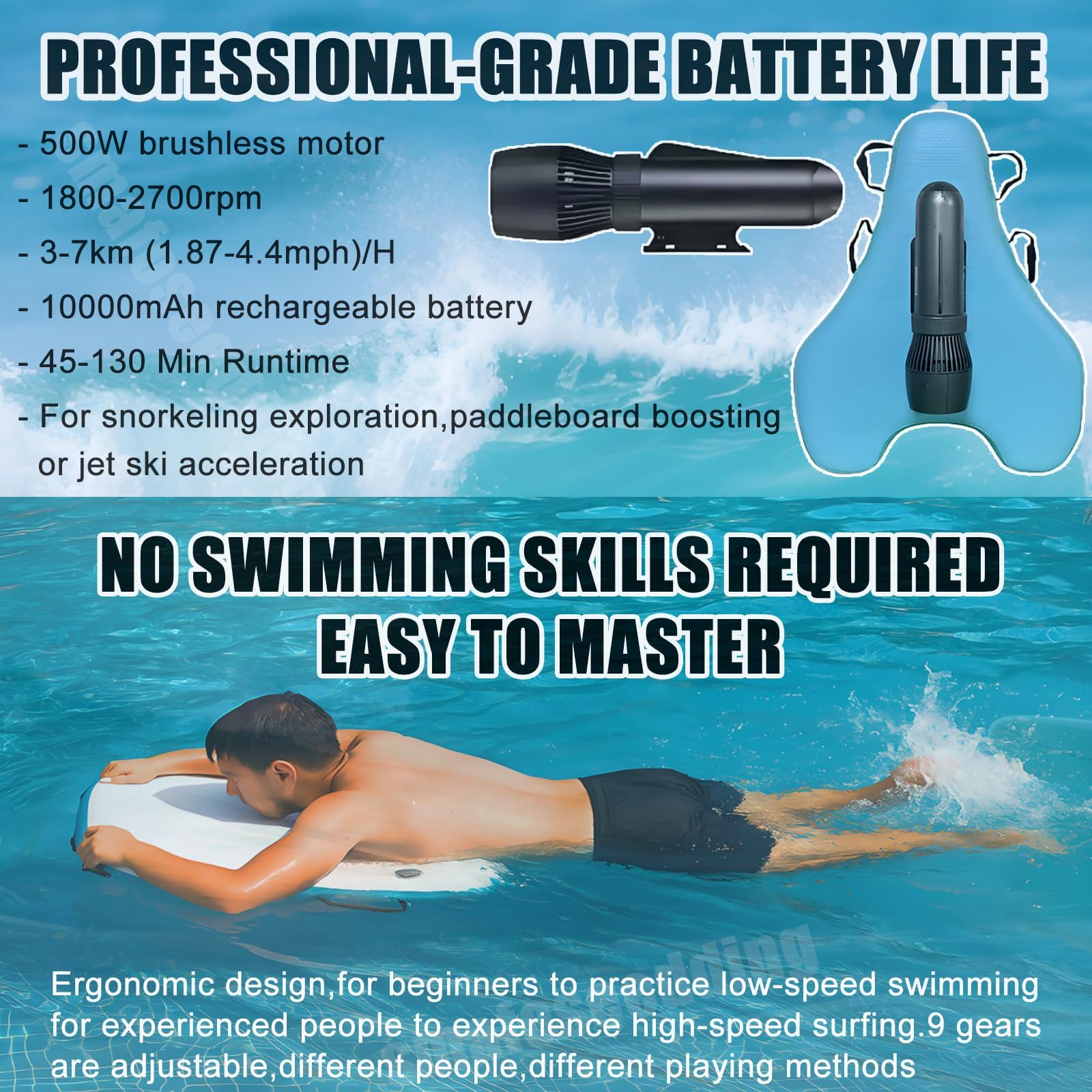 Tabla de Surf Eléctrica Jet Board, Scooter Acuático Motorizado 500W/700W | Velocidad 3–7/9km/h, Modo Dual, Autonomía 40–130min, Profundidad 40m, Carga 115kg, Paddle Surf Hinchable