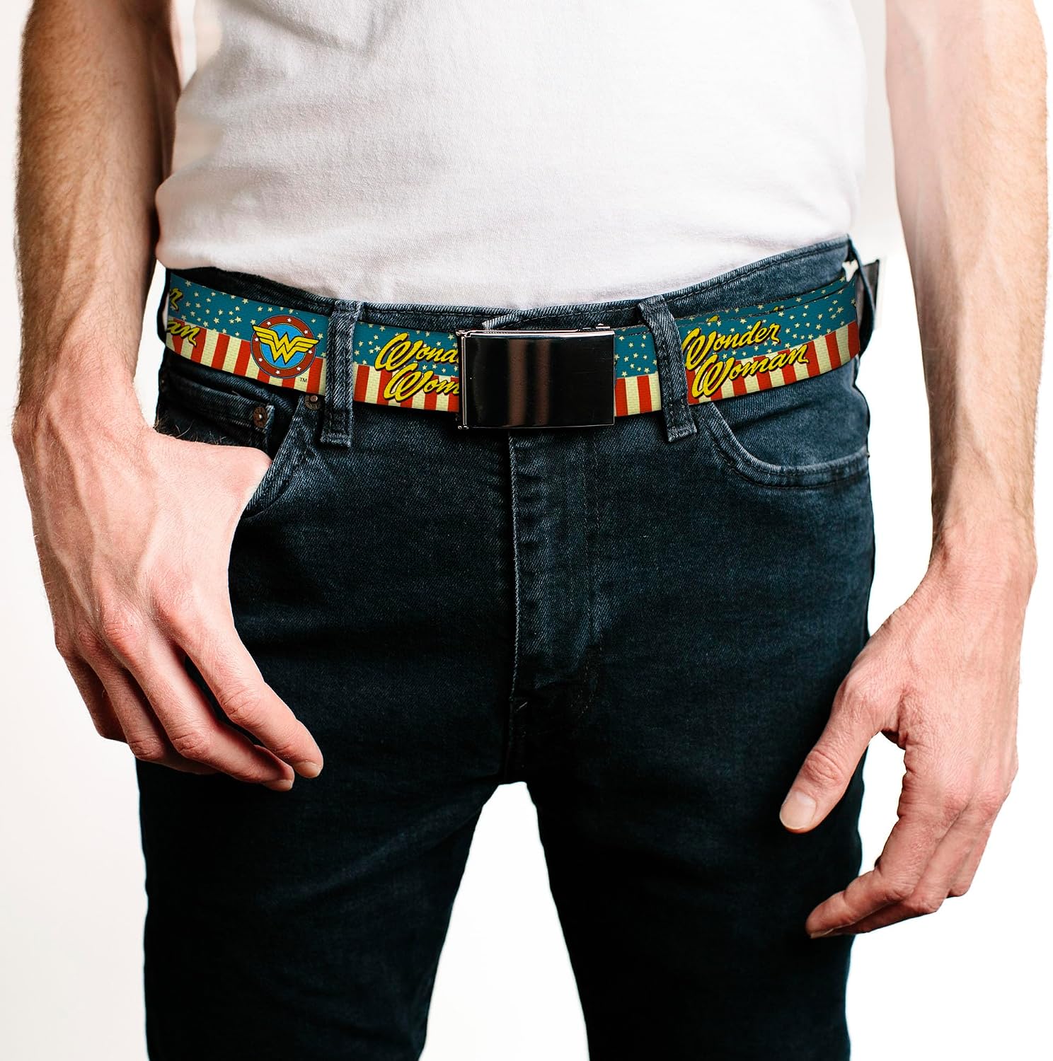 Buckle-Down Web Belt - WONDER WOMAN/Logo Americana Red/White/Blue/Yellow