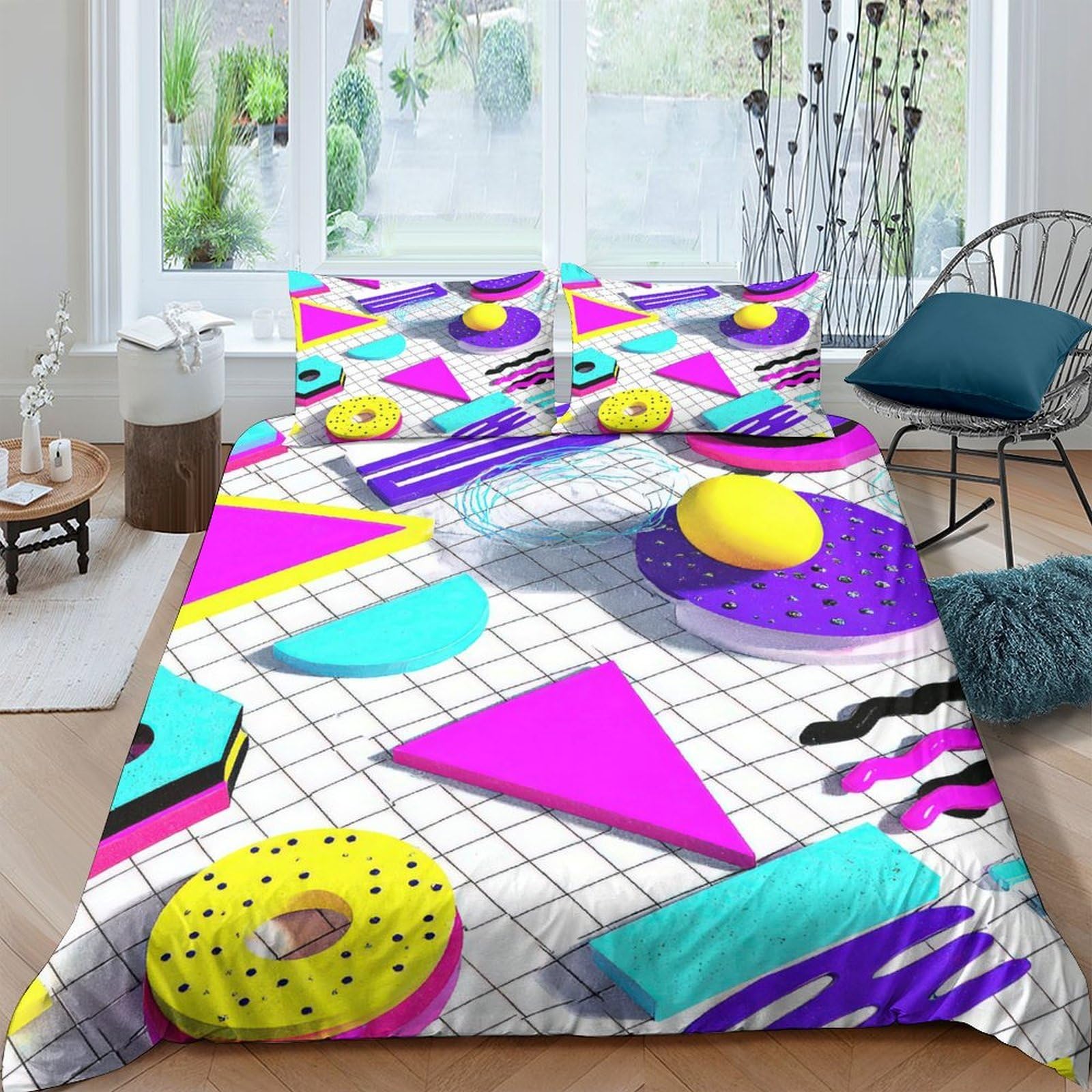 TUFRTGYHN 3D Printed Memphis Geometry Duvet Cover Microfiber Vibrant Color Bedding Set with 2 Pillowcases for Bedroom Decor Single（135x200cm）