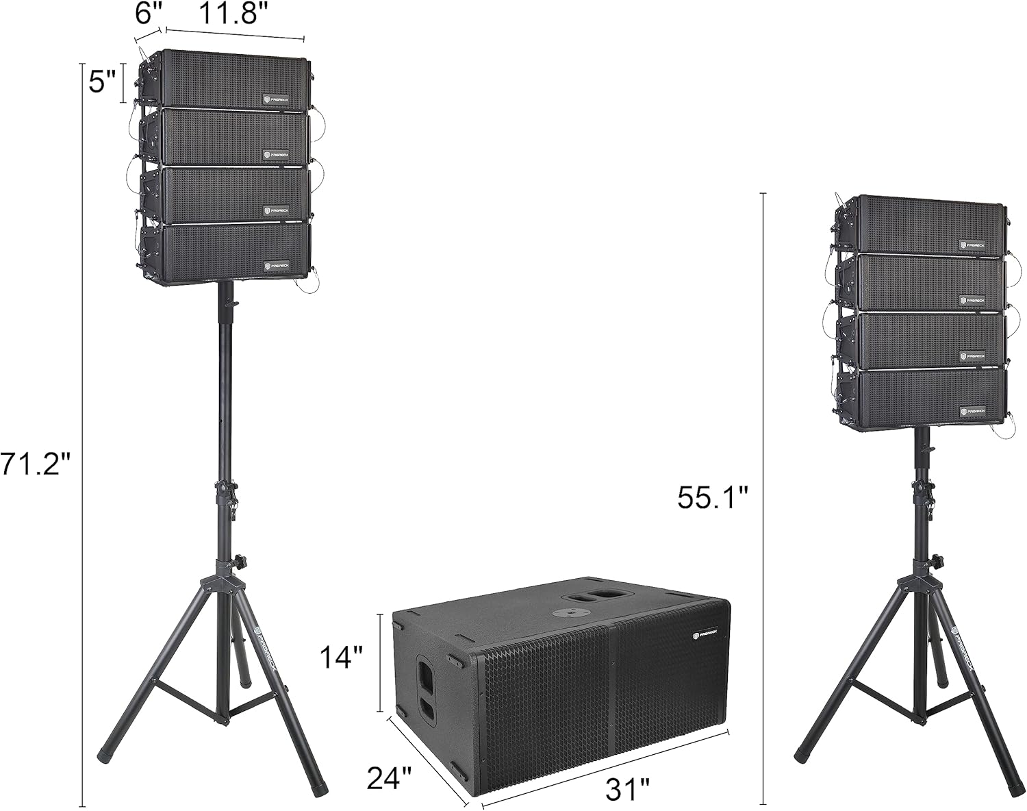 Diagram showing dimensions of the PRORECK Concert Set PA system components