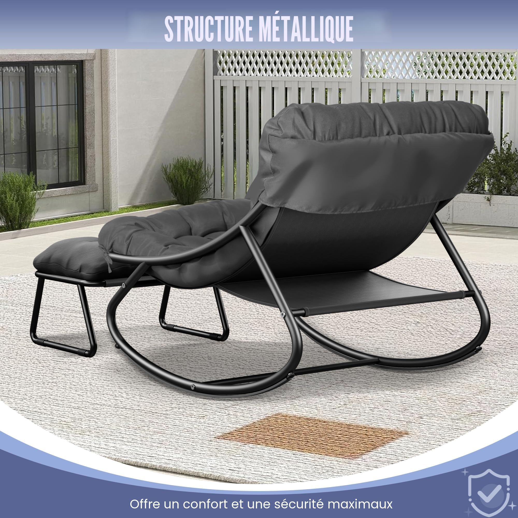 Fauteuil a Bascule avec Repose-Pieds, Chaise a Bascule avec Coussin Rembourré, Charge 150 kg, Cadre en Métal, Rocking Chair en Forme d'Oeuf, pour l'intérieur et l'extérieur Salon, Balcon -Gris