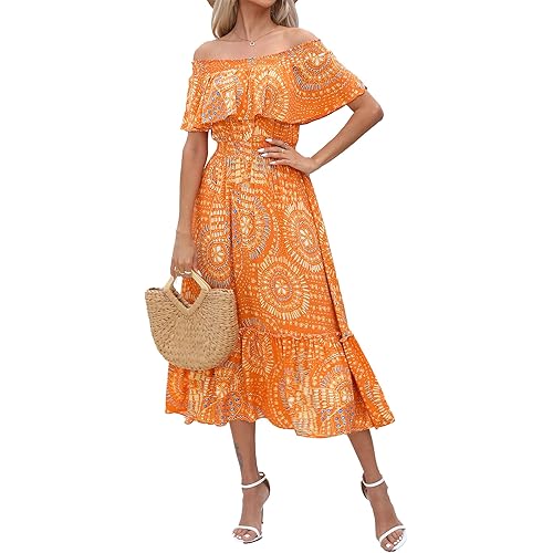 Women's 2024 Spring Summer Boho Off Shoulder Midi Dress Floral Short Sleeve A Line Casual Beach Vacation Dresses