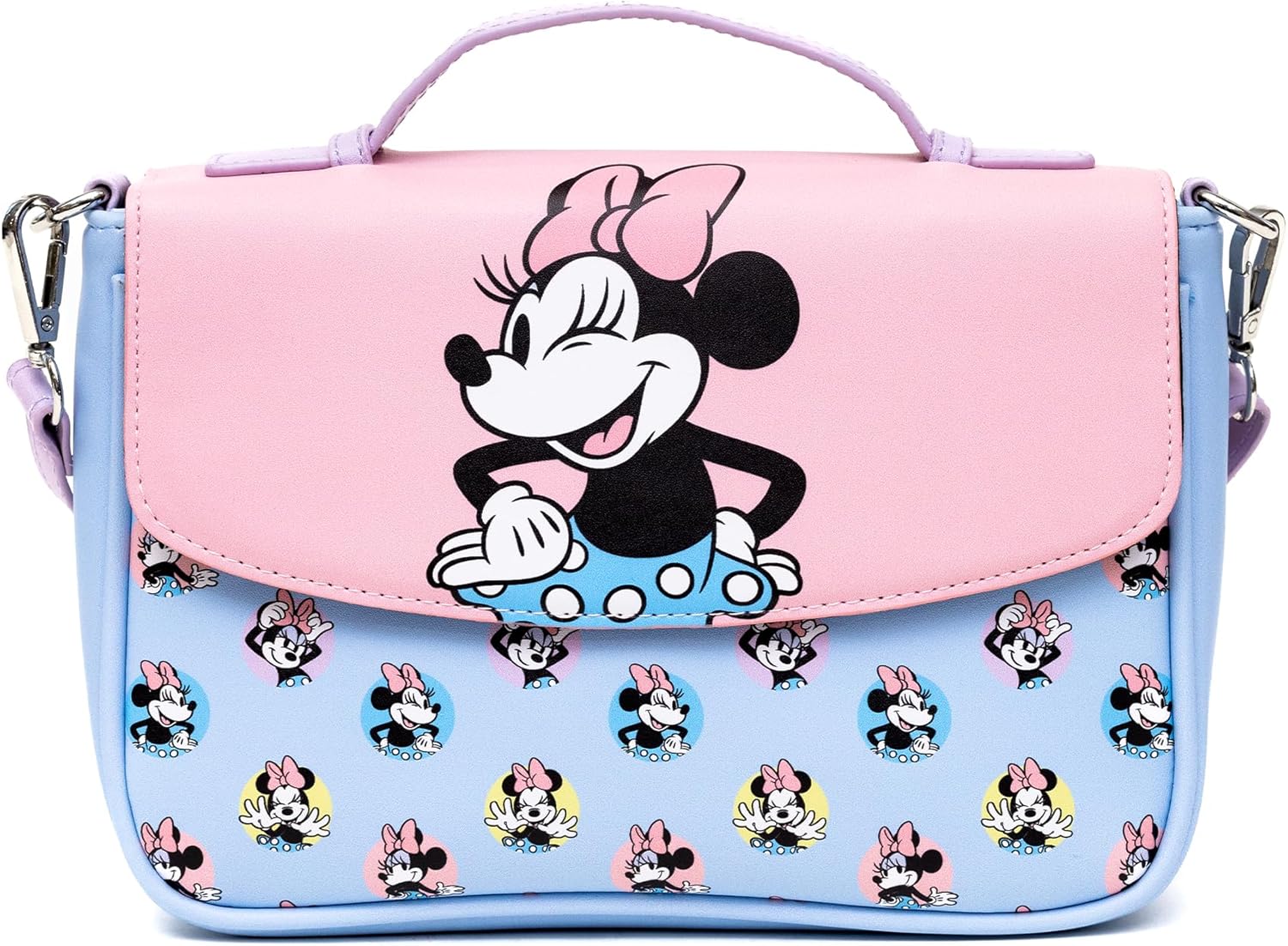 Disney Vegan Leather Fold Over Crossbody Bag for Women, Minnie Mouse Winking Pose Pink and Polka Dot Poses Baby Blue
