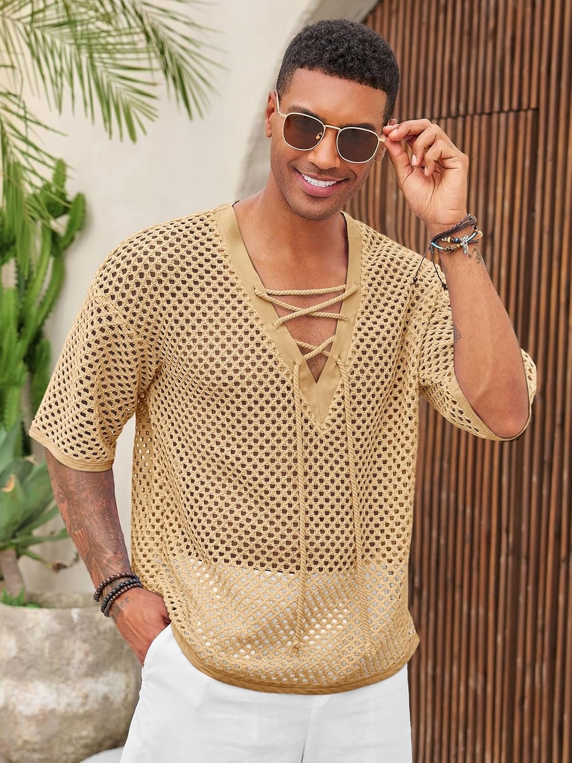 Runcati Mens Lace Up Beach Shirts Hollow Out V Neck Half Sleeve T Shirts Knit Crochet See Through Summer Tops - Image 2