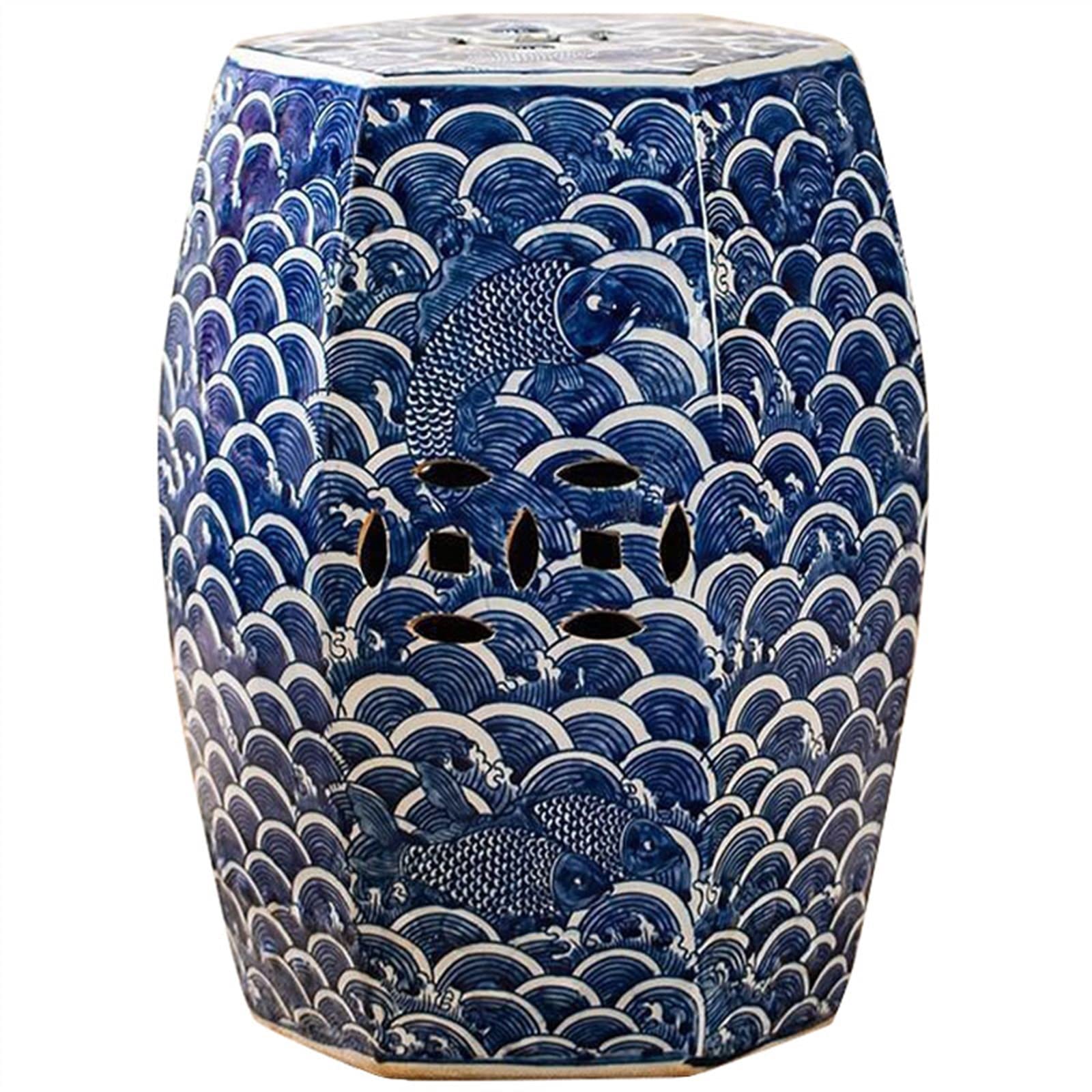 Tabouret de jardin décoratif, tabouret de jardin décoratif en céramique, tabouret tambour en céramique de porcelaine bleu et blanc peint à la main, adapté au salon, à la terrasse, au jardin, etc.