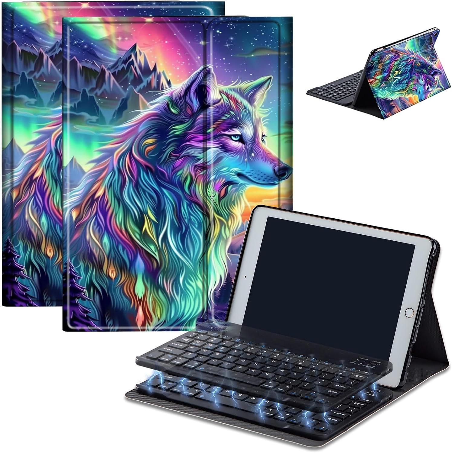 Keyboard Case for Amazon Fire Max 11 (13th Generation, 2023 Release), Detachable Wireless Bluetooth Keyboard and Auto Sleep/Wake Fire Max 11 Tablet Case with Keyboard, Colorful Wolf