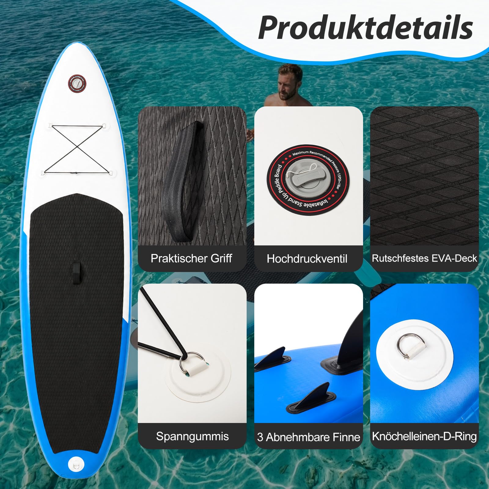 10FT aufblasbares Stand Up Paddle Board SUP-Board Set mit komplettem Zubehör – 3-lagiges PVC, rutschfestes Eva-Deck, 150 kg Tragkraft, leichtes Reise-SUP mit Pumpe