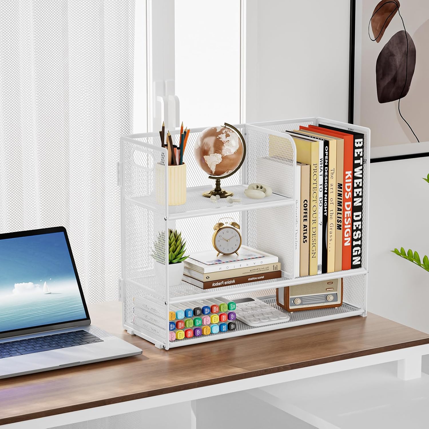 Marbrasse 3-Tier Desk Shelf Organizer with Handle, Desktop Bookshelf File Holder, Mesh Display Shelf Organizer Storage Rack for Office, Home, Supplies, Kitchen (White)