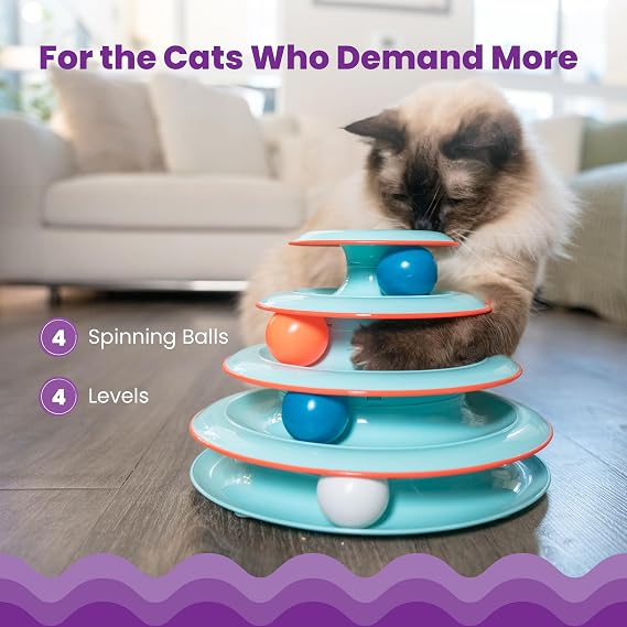 Catstages Chase Meowtain 4-Tier Interactive Cat Track Toy 4 Spinning Balls, Non-Slip Base, Ideal for Indoor Cats, Blue