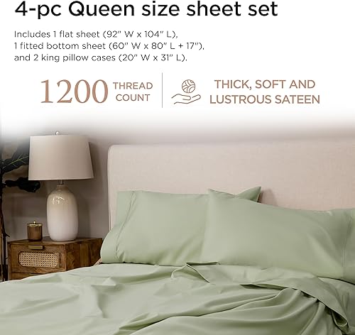 Vista 2 de Threadmill Sábanas de lujo de algodón Supima, sábanas de lujo de 1200 hilos suaves 100% algodón para cama tamaño Queen, juego de sábanas de 4
