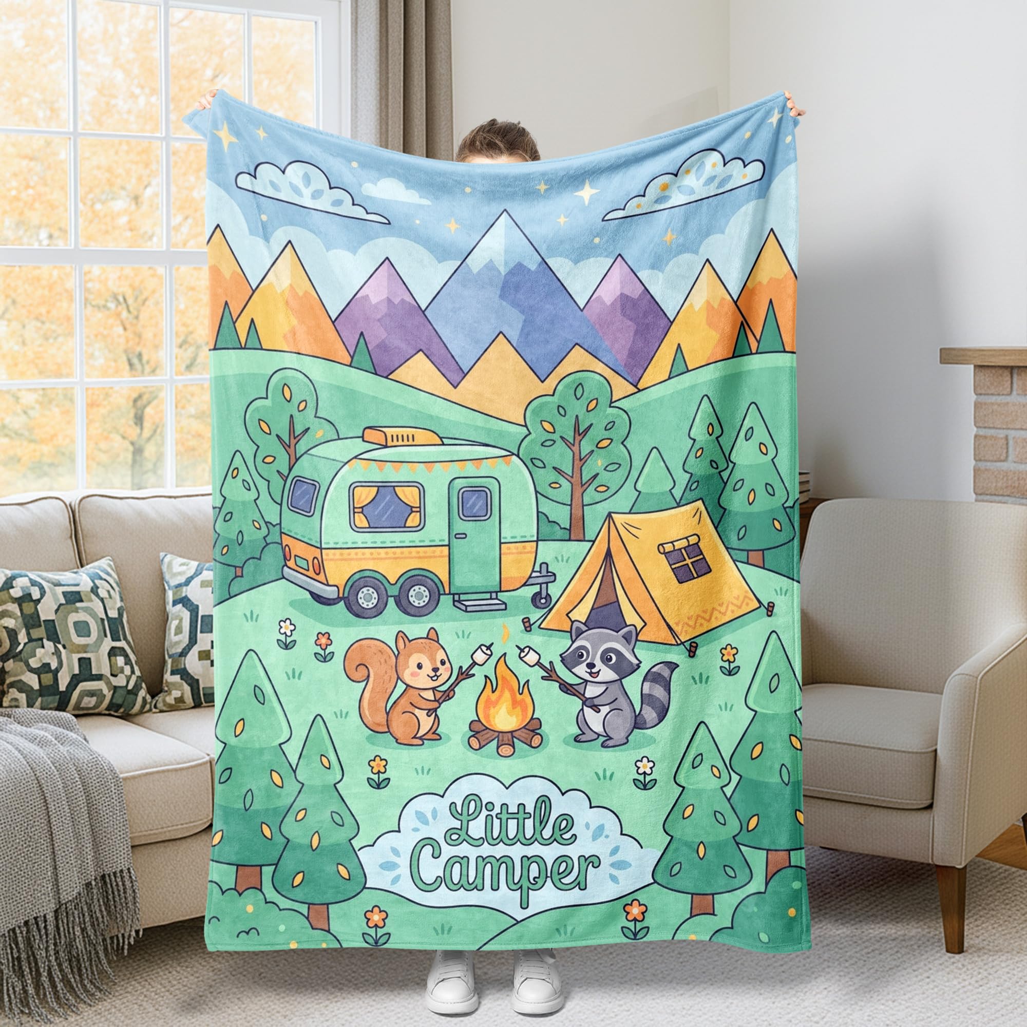 Couverture de camping écureuil et raton laveur pour vos soirées nature et canapé