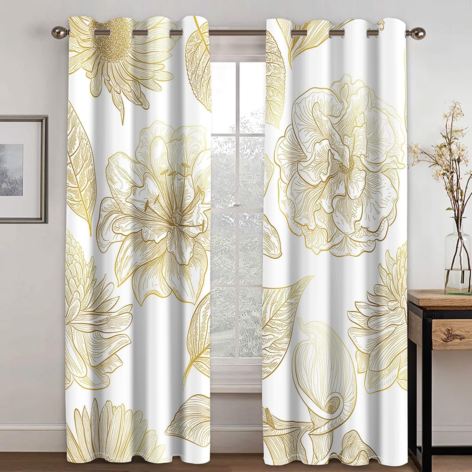 Zasłony do sypialni o długości 275 cm, zasłony zaciemniające do pokoju, 2 panele 84 szer. x 278 cm dł. wzór kwiatów i liści, termiczne zasłony zaciemniające