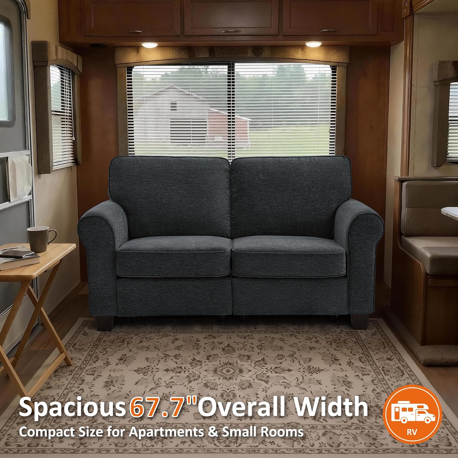 MCombo 67.7" Loveseat Sofa, 2-Seater Small Couch for Small Spaces, Classic Rolled Arm Upholstered Sofa with Solid Wood Legs for Living Room, Removable Cover, Chenille Fabric VE730 (Dark Grey)