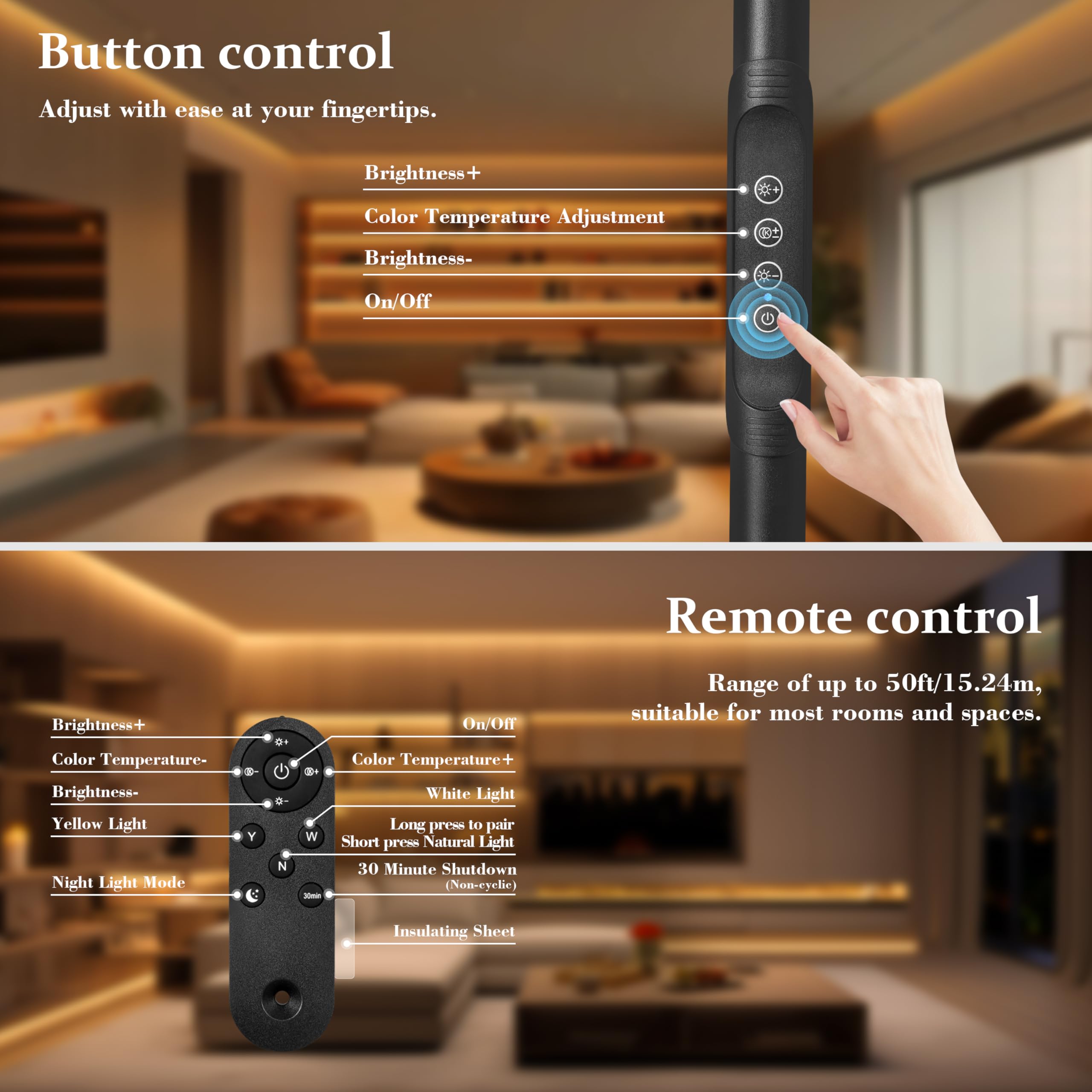 LED-Fußlampe mit Vollspektrum & Augenschutz, Magnet-Fernbedienung & Pfostensteuerung, verstellbarer Gänsehals 3000K-6500K dimmbar, stabiler Standfuß für Wohnzimmer Schlafenzimmer Büro Lesen, Schwarz