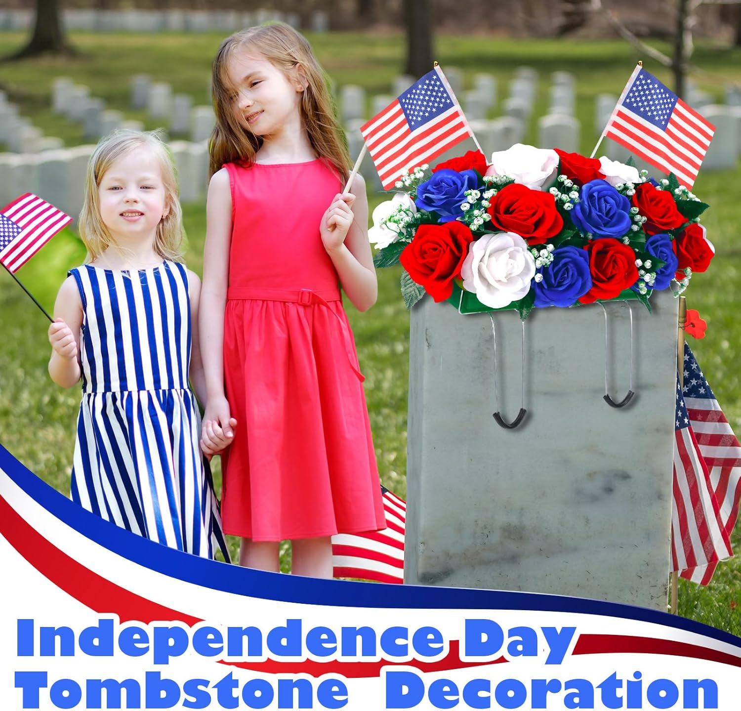 Memorial Day Flowers for Cemetery Saddle Headstone Artificial Red White and Blue Roses with Flags for Veterans Patriotic 4th of July Independence Day Tombstone Gravestone Decor