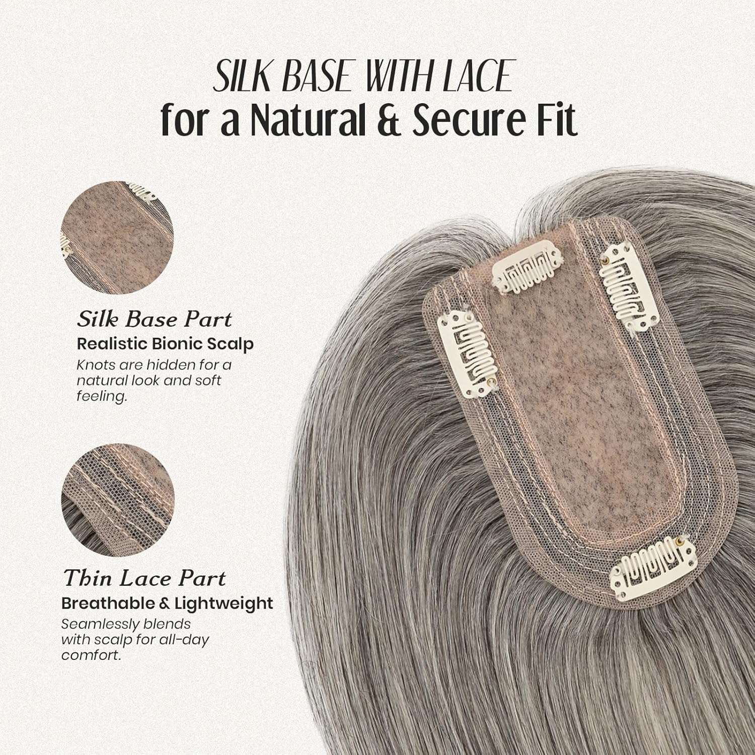 MY-LADY Human Hair Toppers for Women Real Human Hair Thin 7 * 13CM Silk Base with Lace Clip in Remy Hairpieces 150% Density 8 Inch White Blonde & Grey