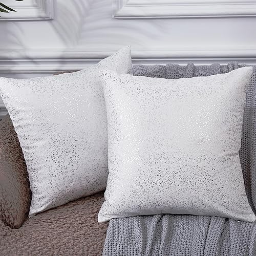 Juego de 2 fundas de almohada plateadas, juego de 2 fundas de cojín blancas de terciopelo cuadradas decorativas con plata para decoración del hogar,