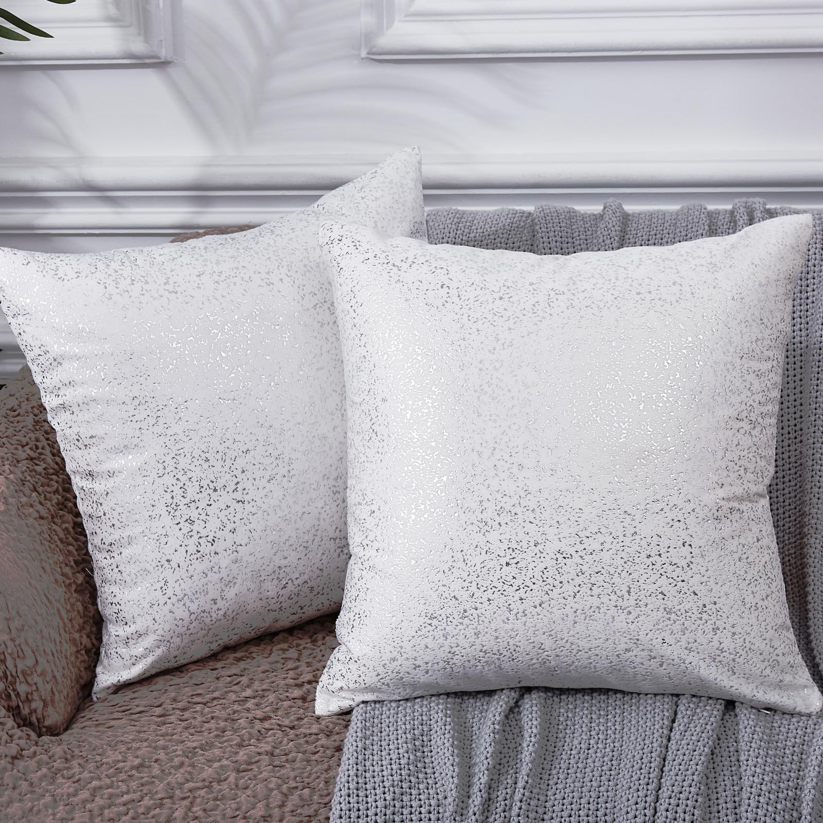 EUCIOR Silver Pillows,White Cushion Covers Velvet Decorative Square Throw Pillow Covers 16x16 for Home Decor Bedroom Living Room Couch Sofa,White and