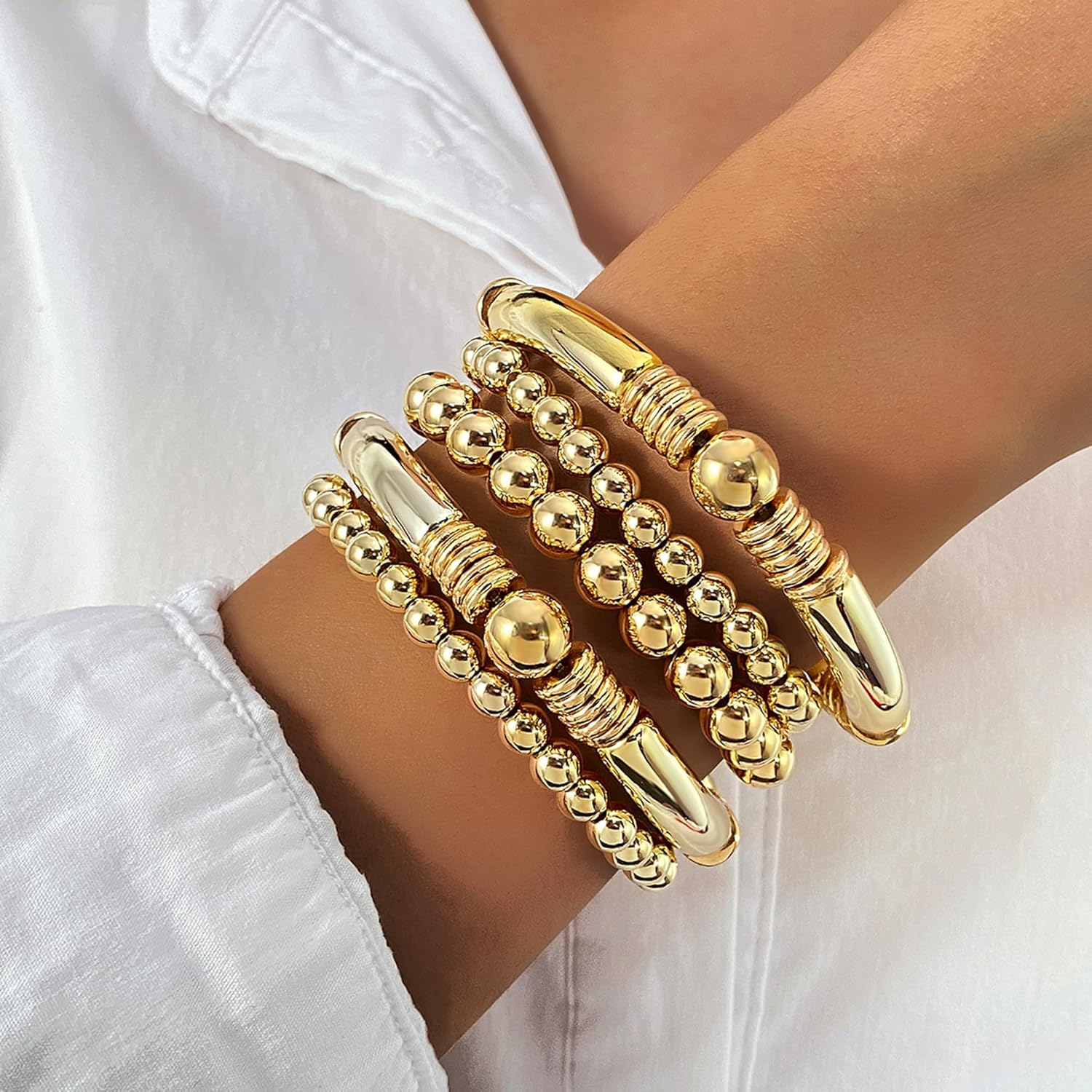Gold Silver Bracelets for Women Beaded Strand Bead Ball Bracelets stack Adjustable Bracelets Set - Image 3