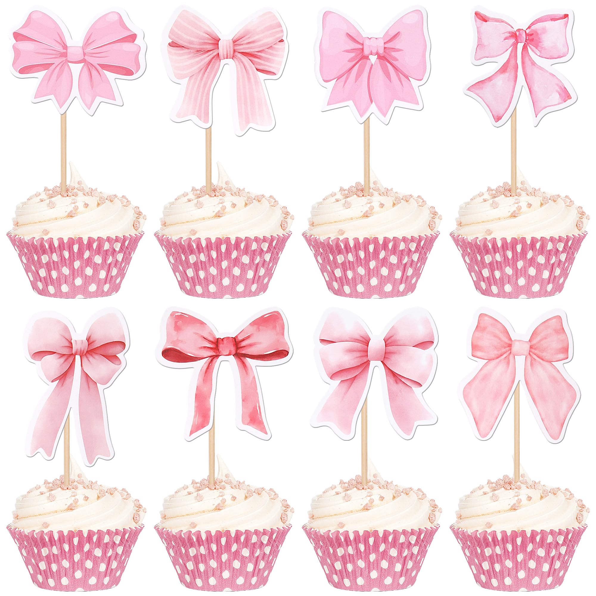 Xsstarmi 40 Pack Pink Bow Cupcake Toppers Ribbon Bow Cupcake Picks Decoration for Baby Shower Princess Girls Kids Birthday Party Cake Decorations Supplies โ image 1