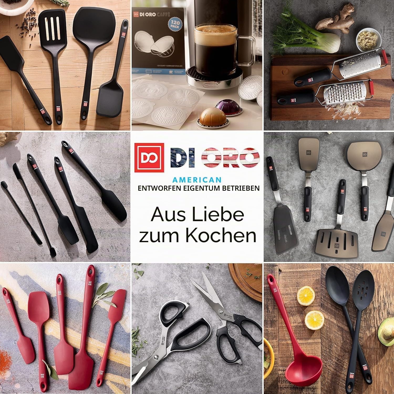 DI ORO® Seamless Series Pfannenwender Silikon Set - 315°C Hitzebeständiges Teigschaber-Set - Küchenutensilienset aus Silikon Antihaft-Kochgeschirr Sicher - Lebensmittelqualität (5 Stücke, Schwarz)