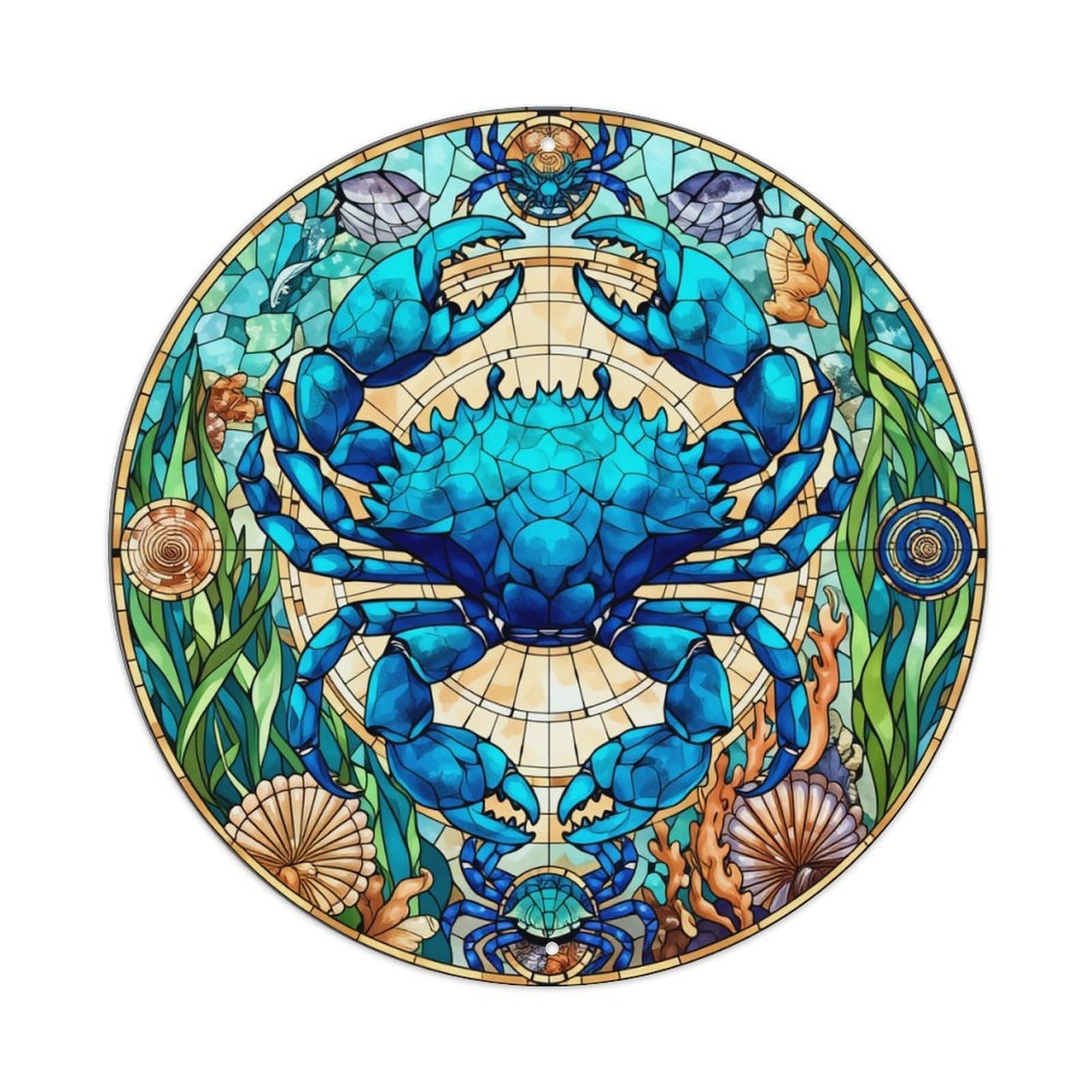 Blue Crab Sea Life Mosaic Round Tin Sign Vintage Metal Poster, Home Bar Garage Man Cave Cafe Indoor & Outdoor Wall Decoration 8x8Inches