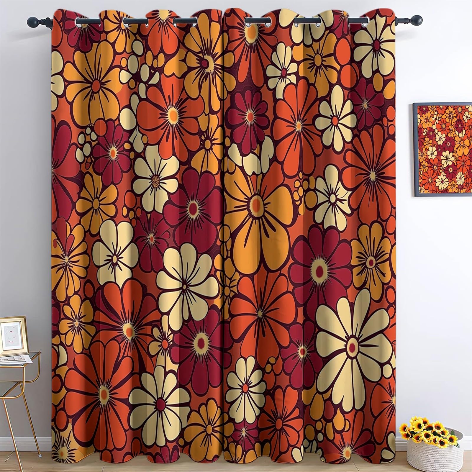 Tende Oscuranti per Interni 2 Pezzi 140x245 cm (LxA), Fashion Retro Flower Tenda Coprente per Soggiorno, Termiche Isolanti Tendaggi per Interno con Anelli Finestra per Salotto