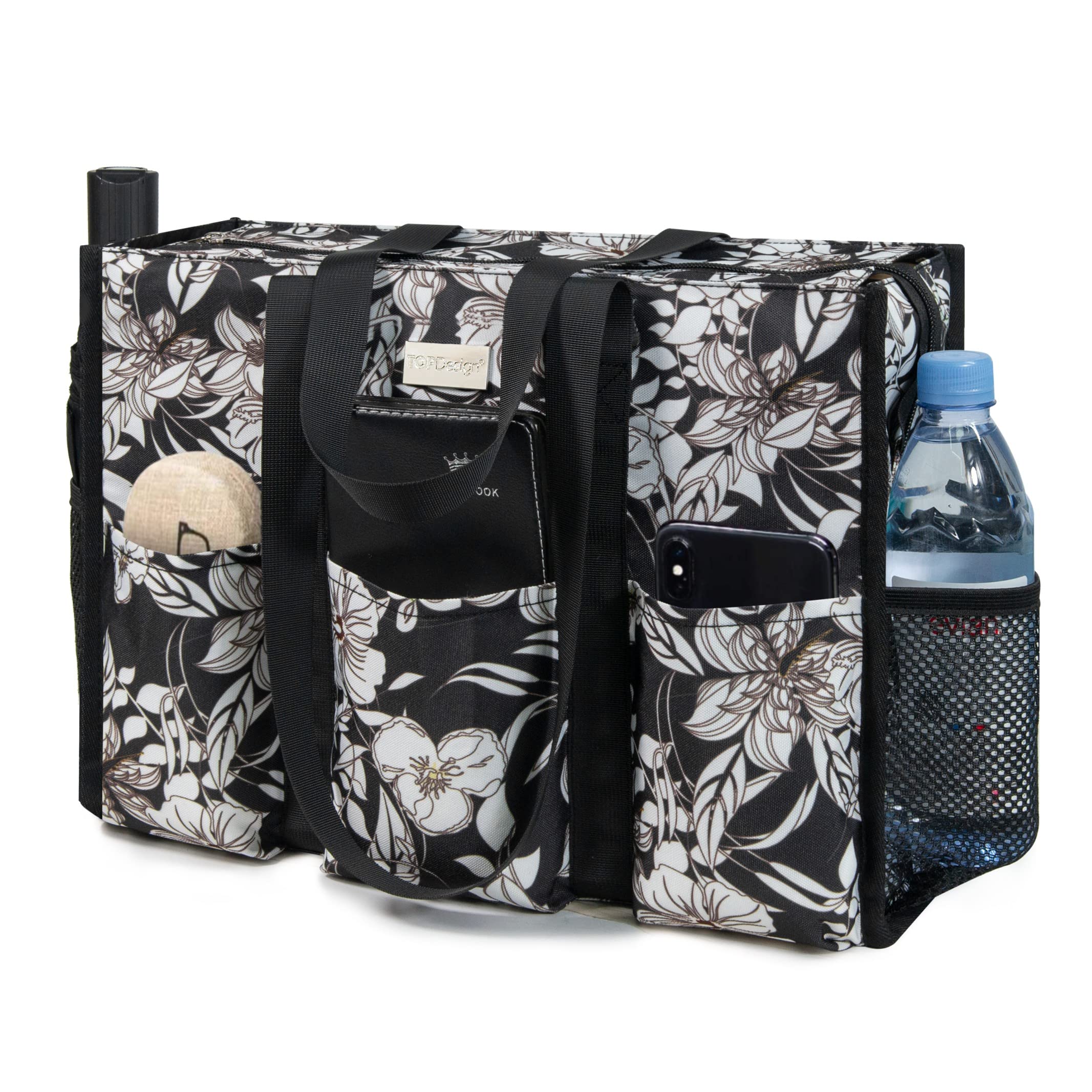 TOPDesign Utility Water Resistant Tote Bag with 13 Pockets, Zipper Closure