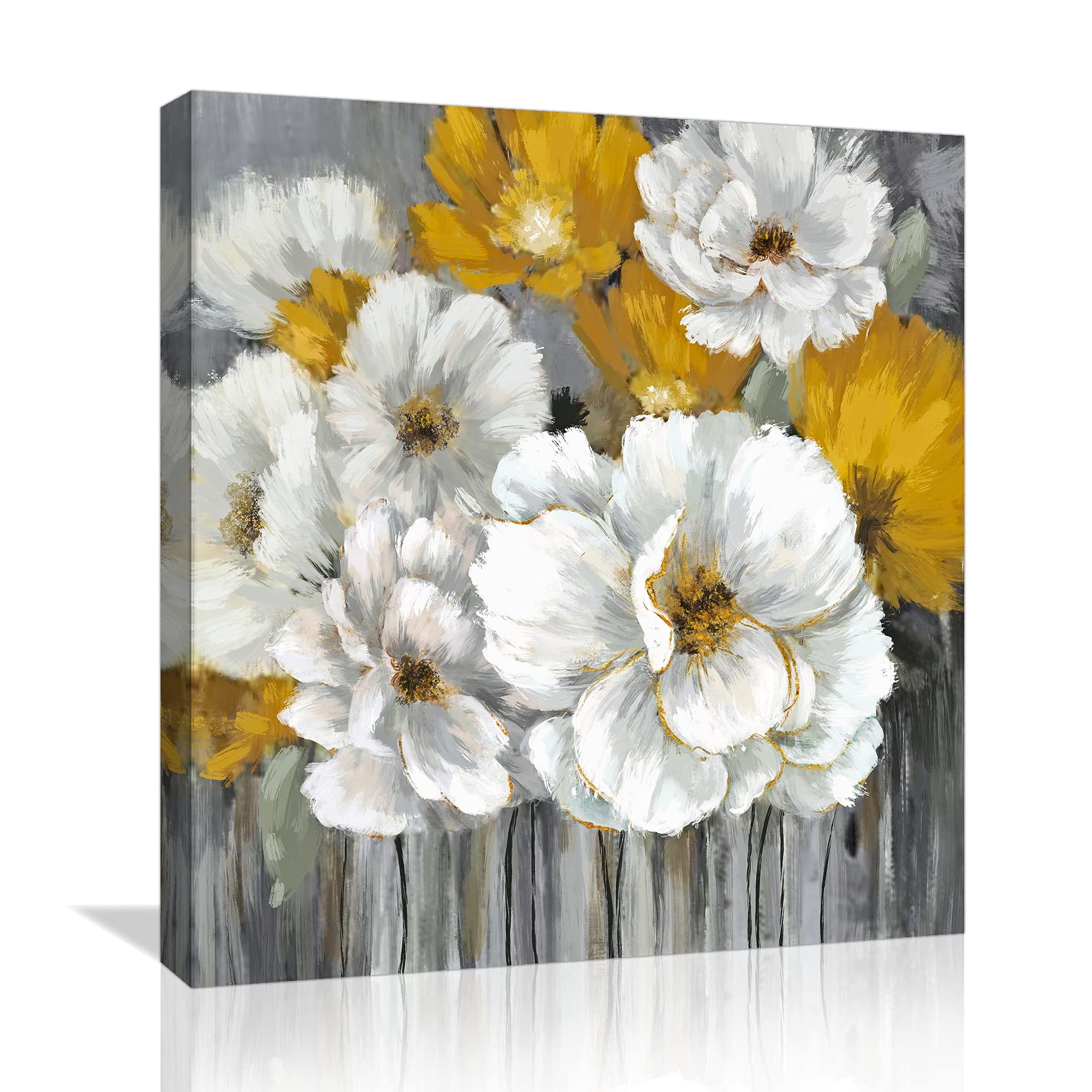 Floral Rustic Wall Art for Bathroom, Kitchen, Bedroom - Yellow Canvas Modern Farmhouse Framed Painting - Art Prints Artwork with Wood Frame, Size 14x14