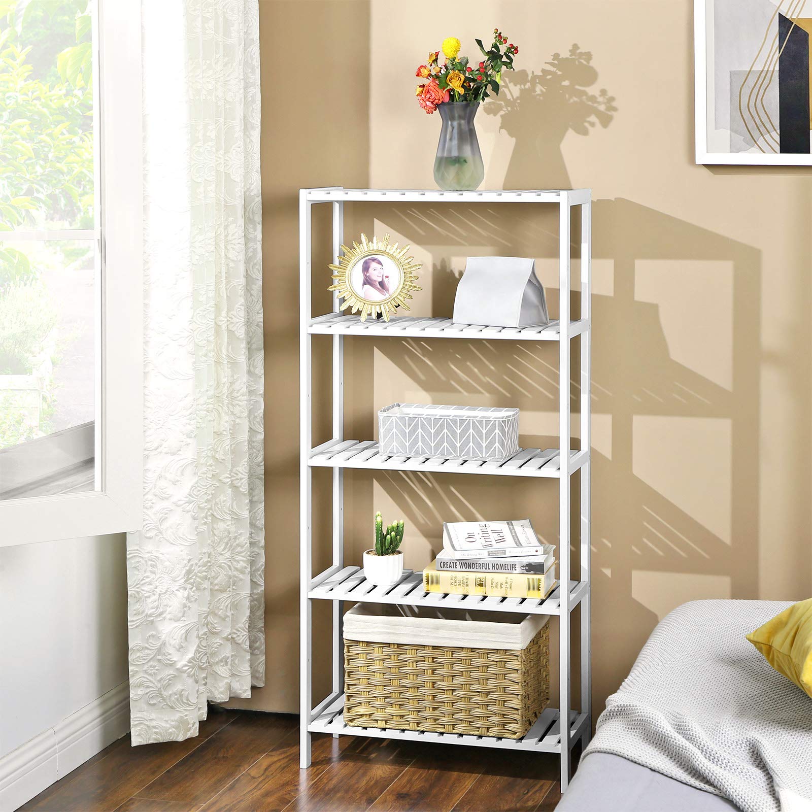 SONGMICS BCB35WN Bathroom Rack with 5 Levels, Bamboo Kitchen Stand, 9 Adjustable Heights, Multifunctional Stand for Living Room, Hallway, 60 x 26 x 130 cm, White and Wood Colour