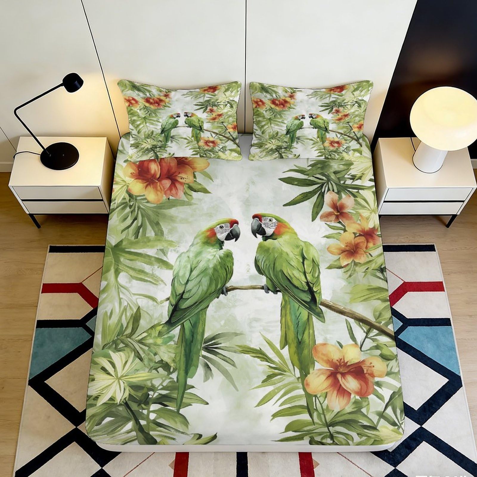 Jqzkxnhpbr Style-10 3D Printed Parrot Tropical Fitted Sheet Microfiber Soft Floral Mattress Cover For Bedroom Guest Room Decor Easy Care 90X200x25cm