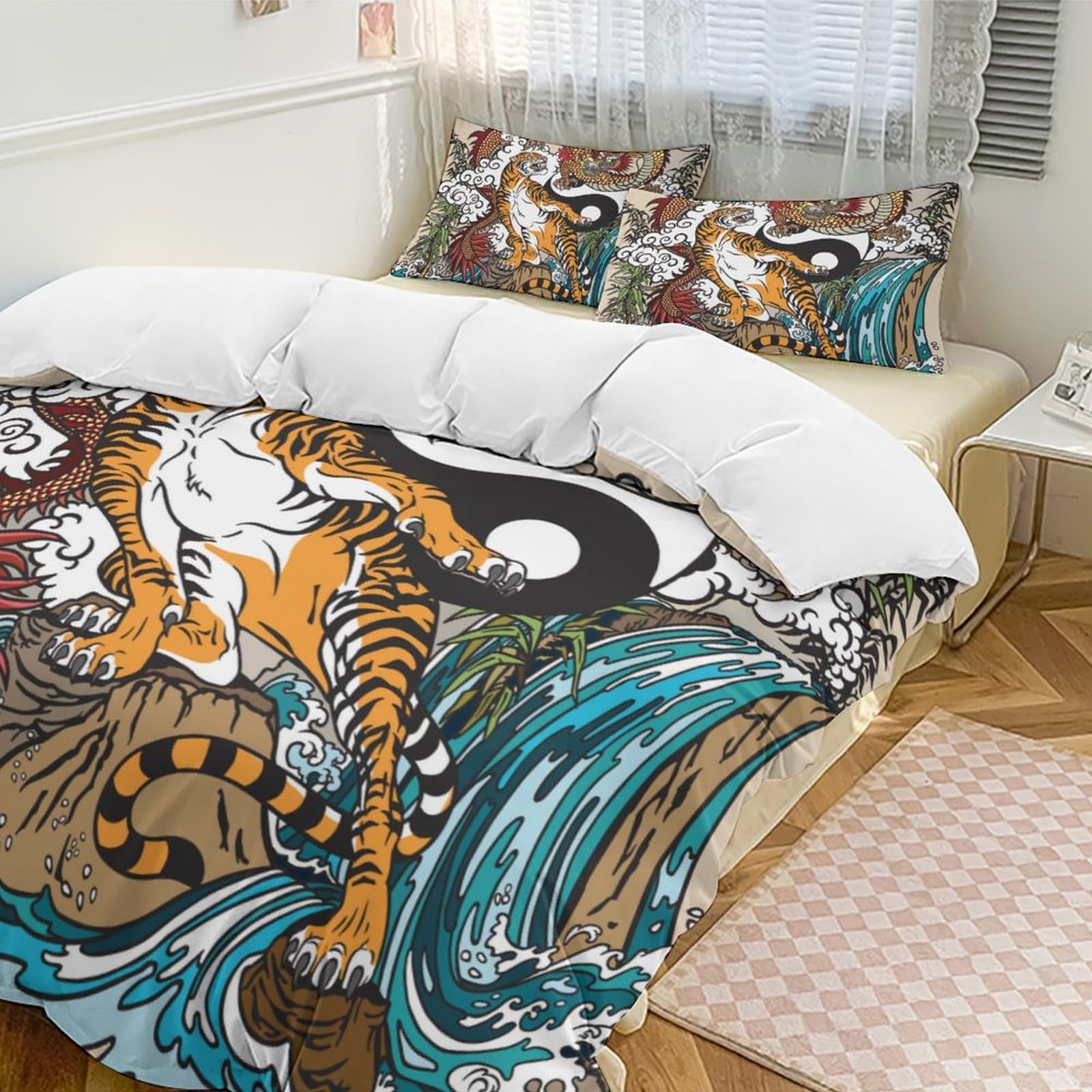 Okjnfsaqwex Style Ying-And-Yang Chinese Dragon And Tiger Duvet Cover Sets 1 With 2 Pillow Shams 3 Pieces Comforter Bedding Set
