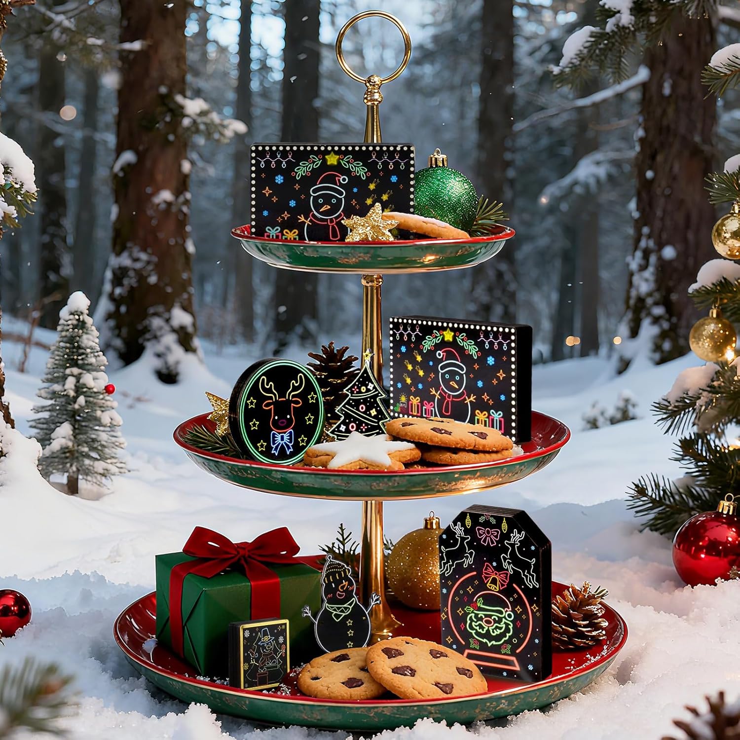 20 Pcs Christmas Tiered Tray Decor Set - Wooden Table Decorations with Santa, Tree, Reindeer & Snowman for Christmas Table, Kitchen, Home Winter Decorations - Image 6