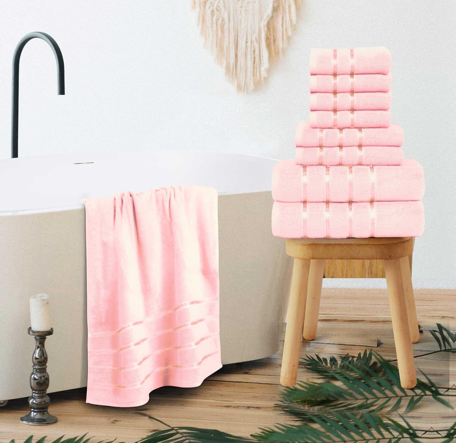 Luxury Pink Towel Set of 8-2 Bath Towels 2 Hand Towels 4 Washcloths - 600 GSM 100% Cotton Ring Spun Viscose Border Towels Set - Light Pink - Image 4
